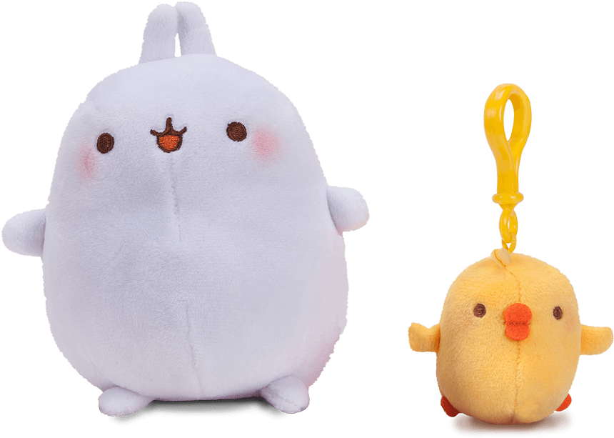 Molang 桌布 壁紙 — 一隻大型白色毛絨兔公仔和一隻帶有橙色喙的黃色小雞公仔並排坐在黑色背景前。