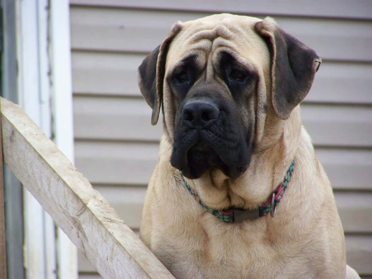 English Mastiff 桌布 壁紙 — 一隻大型皺紋獒犬，有棕褐色毛髮和深色口鼻，平靜地坐在木欄杆旁，背景是房屋外牆。