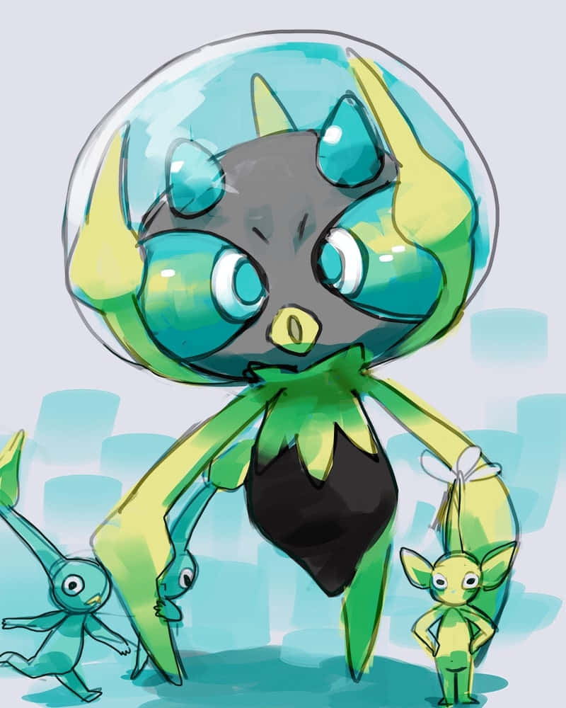 Pokemon Aesthetic 桌布 壁紙 — 一隻大型綠色和藍綠色的寶可夢，頭部像泡泡，以柔和的水彩風格保護性地站在兩隻較小的寶可夢旁邊。