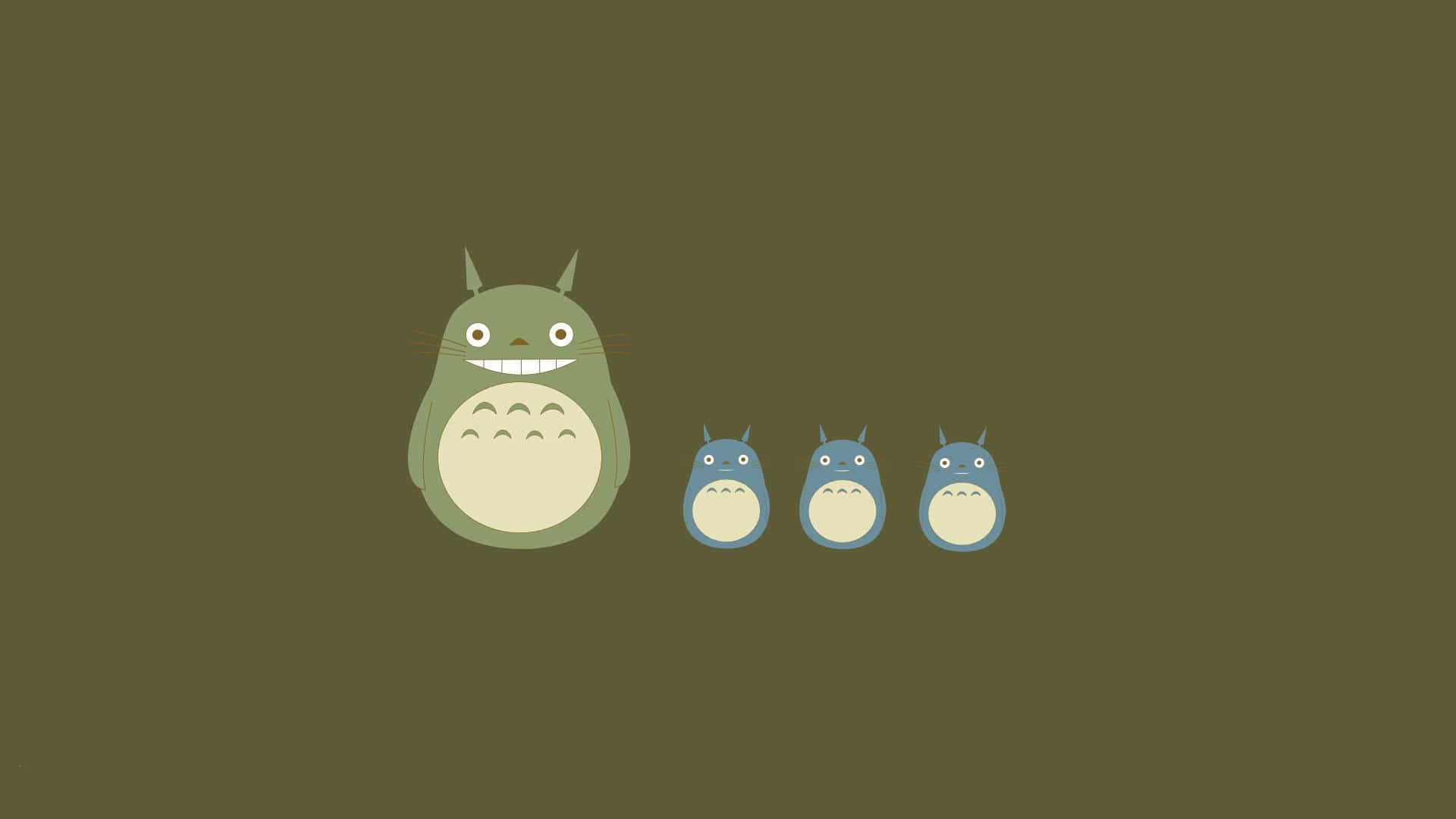 my neighbor totoro 桌布 壁紙 — 一隻大型綠色龍貓與三隻較小的藍色龍貓排成一排，背景為純橄欖綠色。