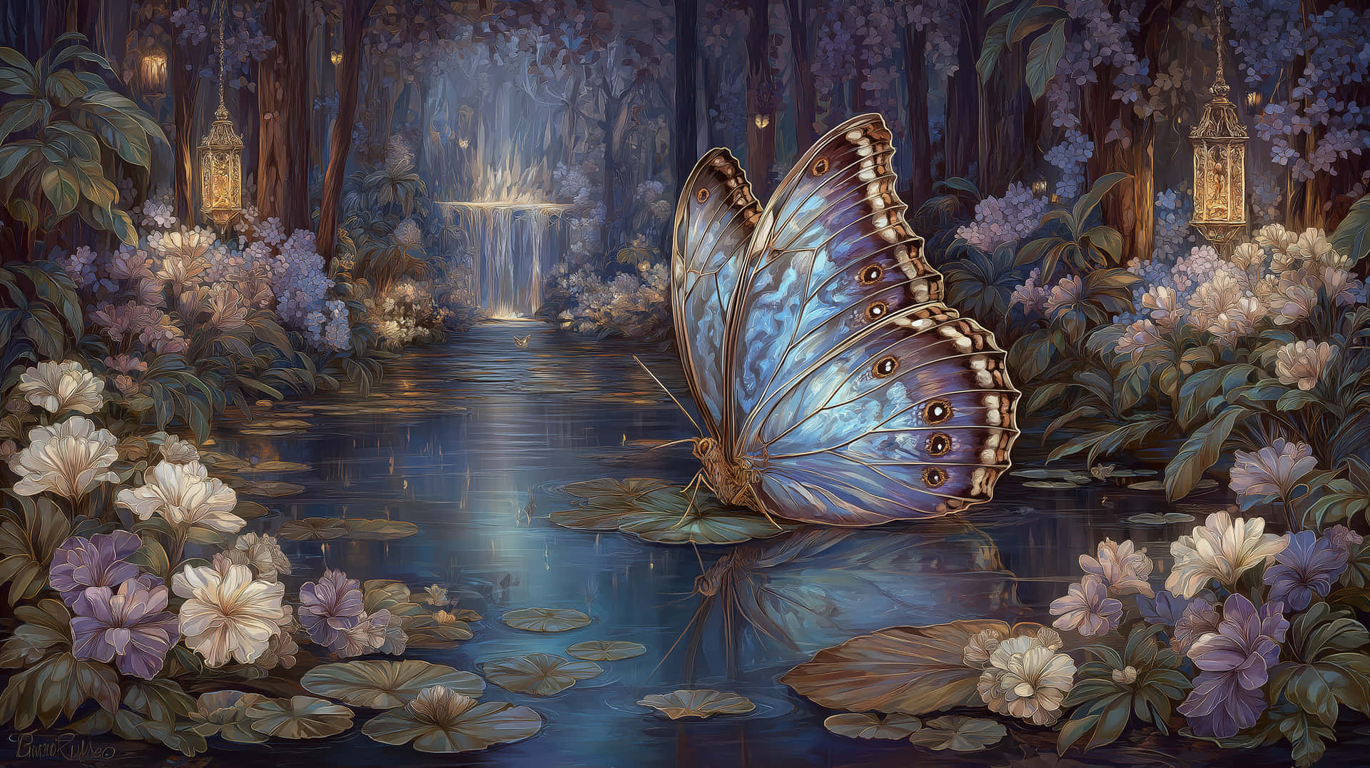 Giant Butterfly on Lily Pad in Magical Forest Pond 壁紙 — 一隻大型藍色閃蝶棲息在月光下的森林池塘中的睡蓮葉上，周圍環繞著紫色和白色的花朵、發光的燈籠和遠處的瀑布。