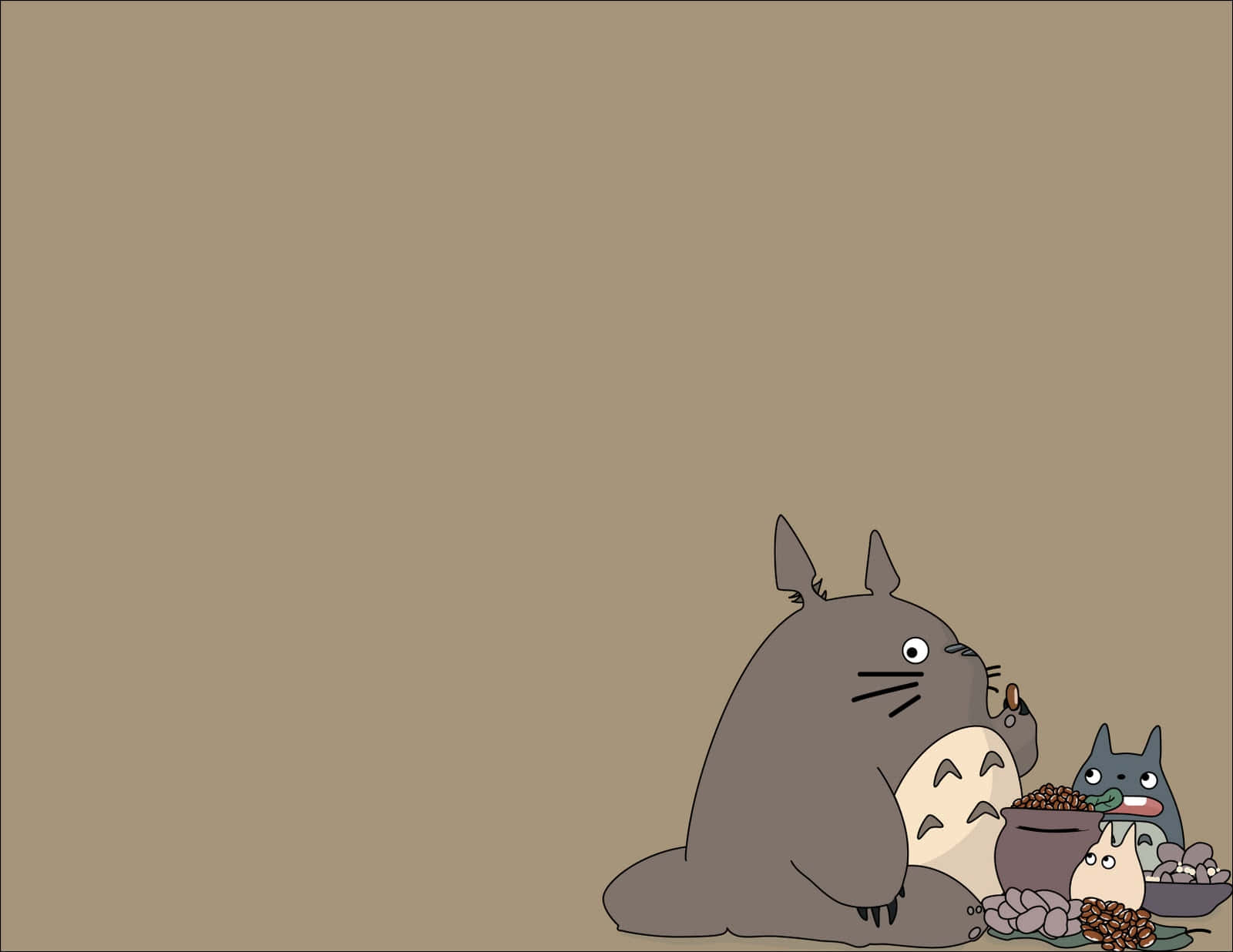 三隻龍貓角色坐在米色背景上，旁邊有幾碗橡果。 — 龍貓 GIF 壁紙
