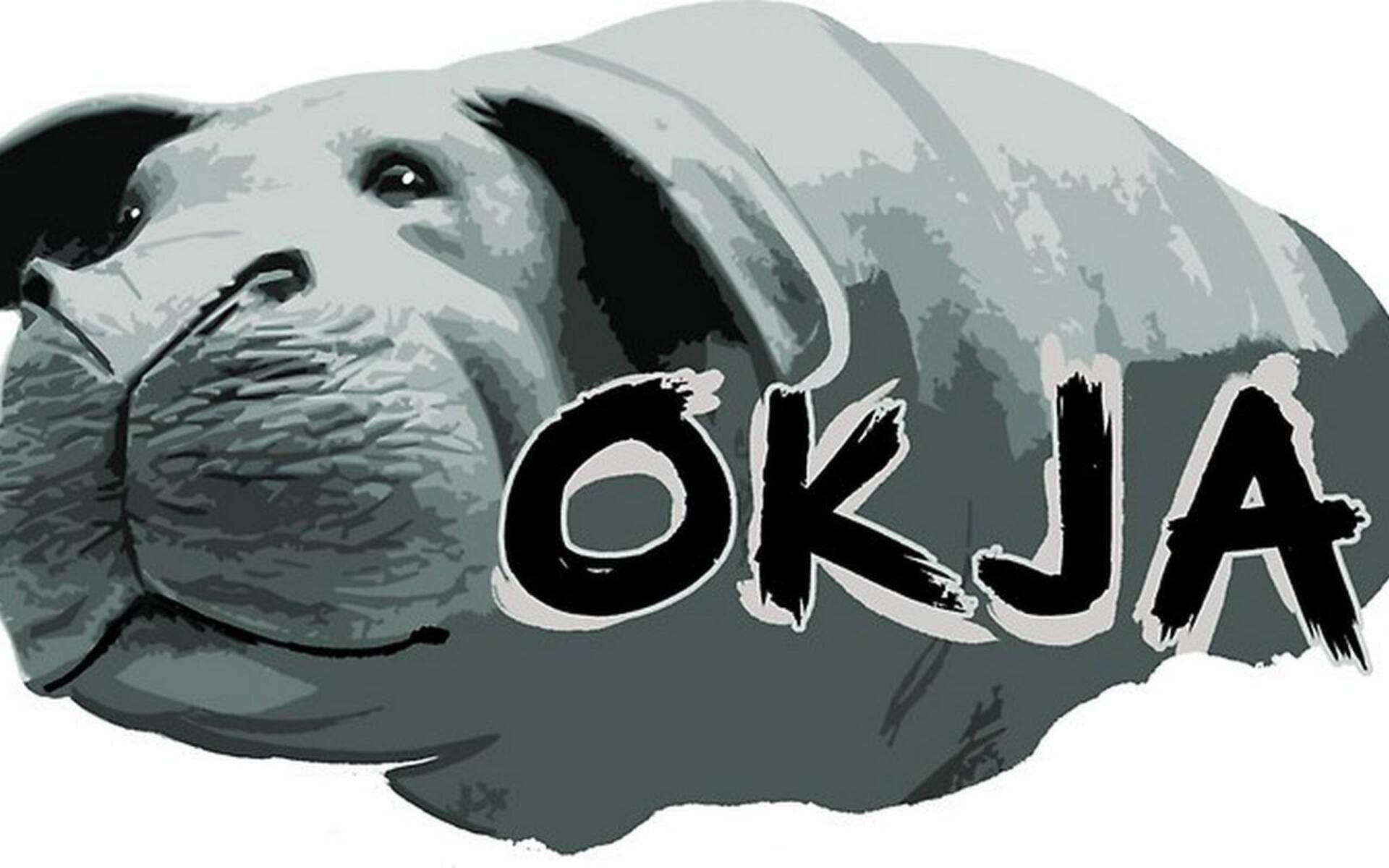 okja 桌布 壁紙 — 一隻大狗的風格化插圖，身上帶有粗體筆觸字樣「OKJA」。