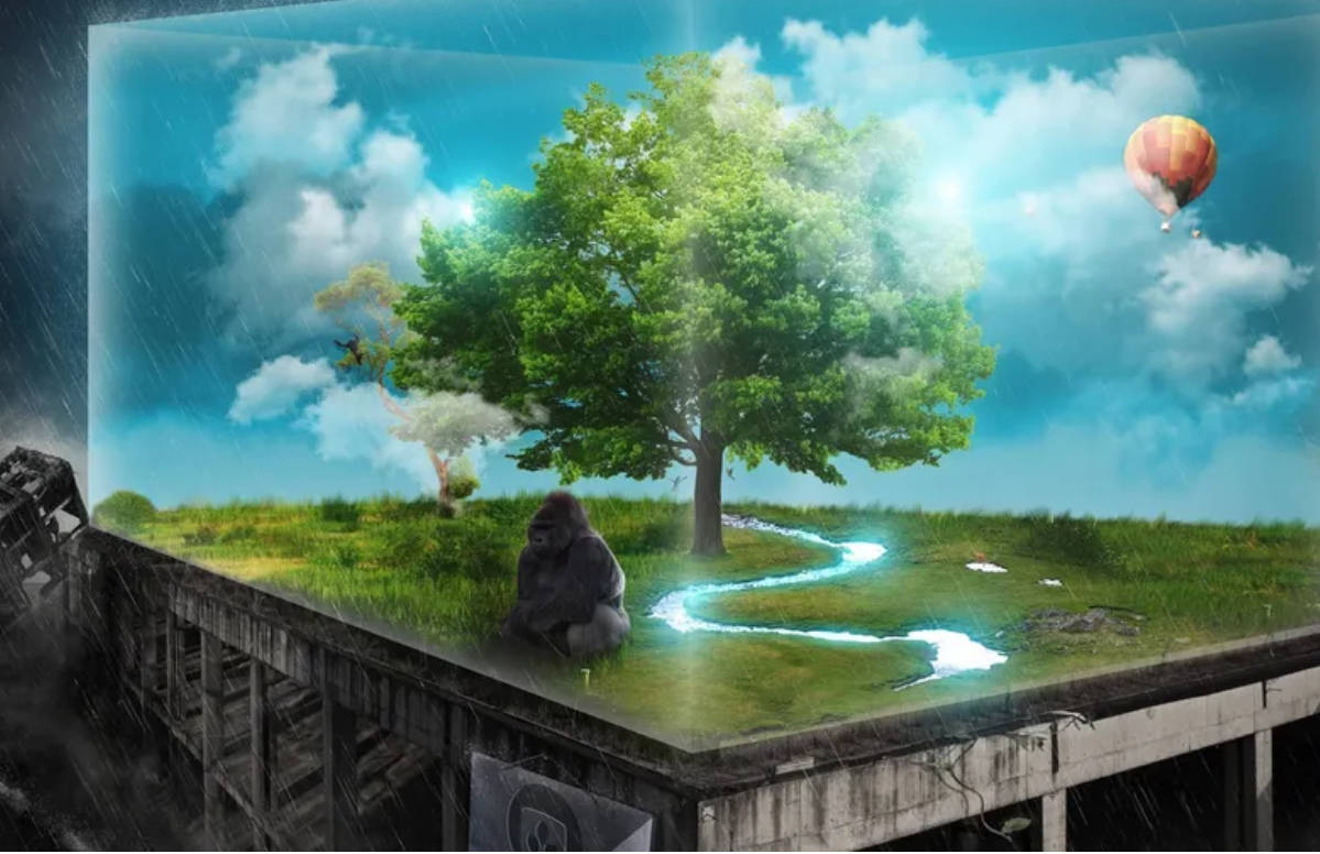 3D 桌布 壁紙 — 一隻大猩猩沉思地坐在破損的屋頂上，俯瞰著暴風雨天空下發光的溪流，一個熱氣球飄過。