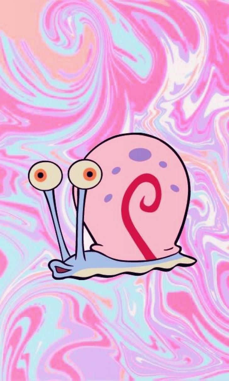 海绵宝宝 桌布 壁紙 — 一隻大眼卡通蝸牛在旋轉的粉紅和藍色迷幻背景上滑行。