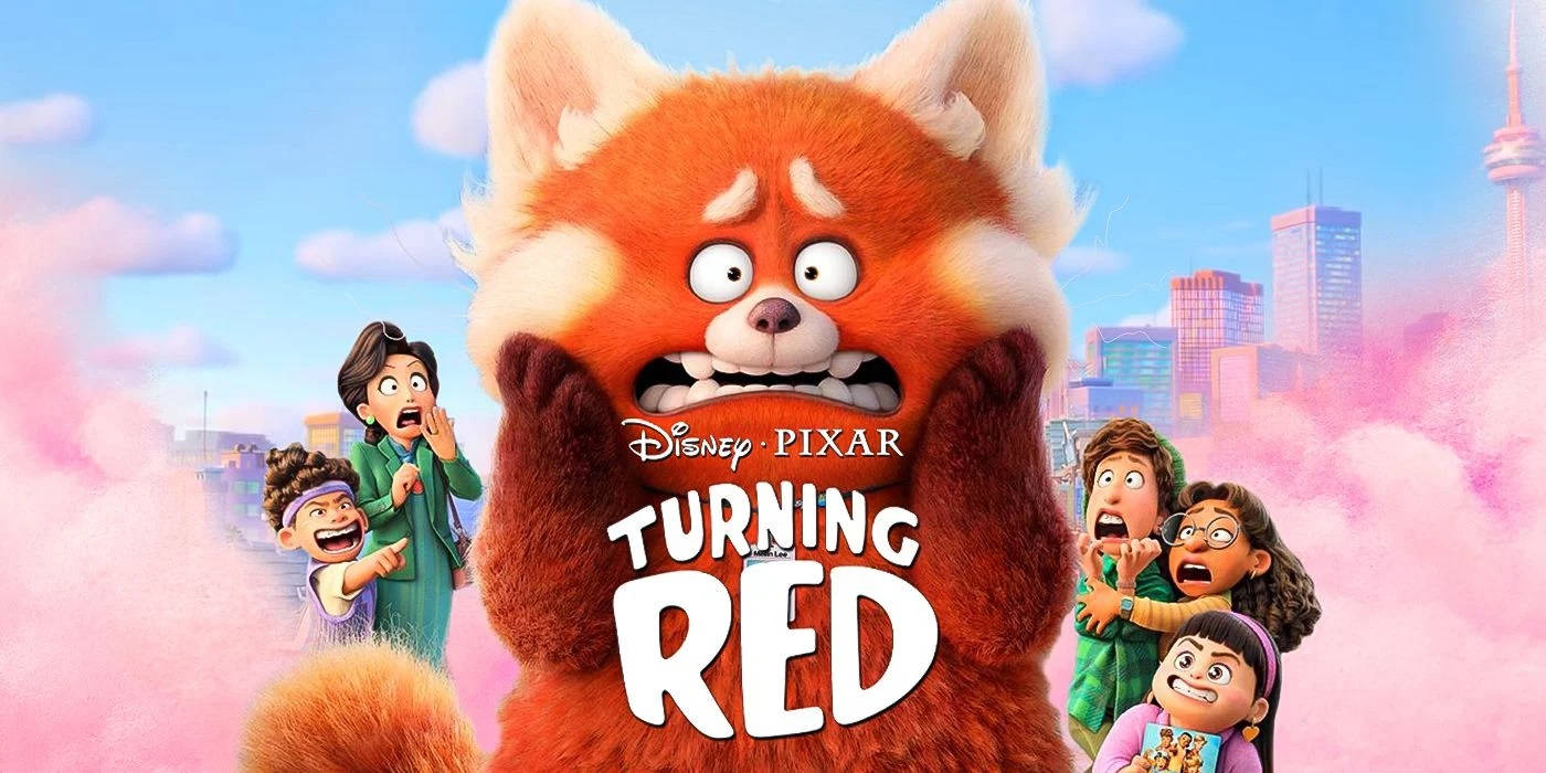 Turning 桌布 壁紙 — 一隻大眼睛、露出牙齒的巨型小熊貓站在舞台中央，五個孩子在粉紅色雲朵的城市天際線背景下震驚地做出反應。