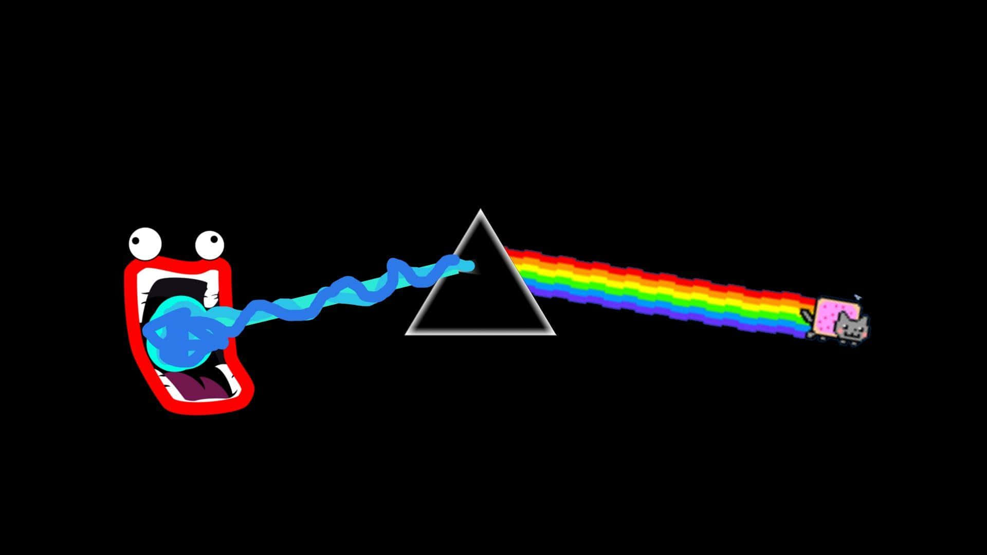Nyan Cat 桌布 壁紙 — 一隻大眼睛的卡通怪物將藍色液體噴入棱鏡，棱鏡將彩虹投射到一隻騎在盒子上的粉紅色貓身上。