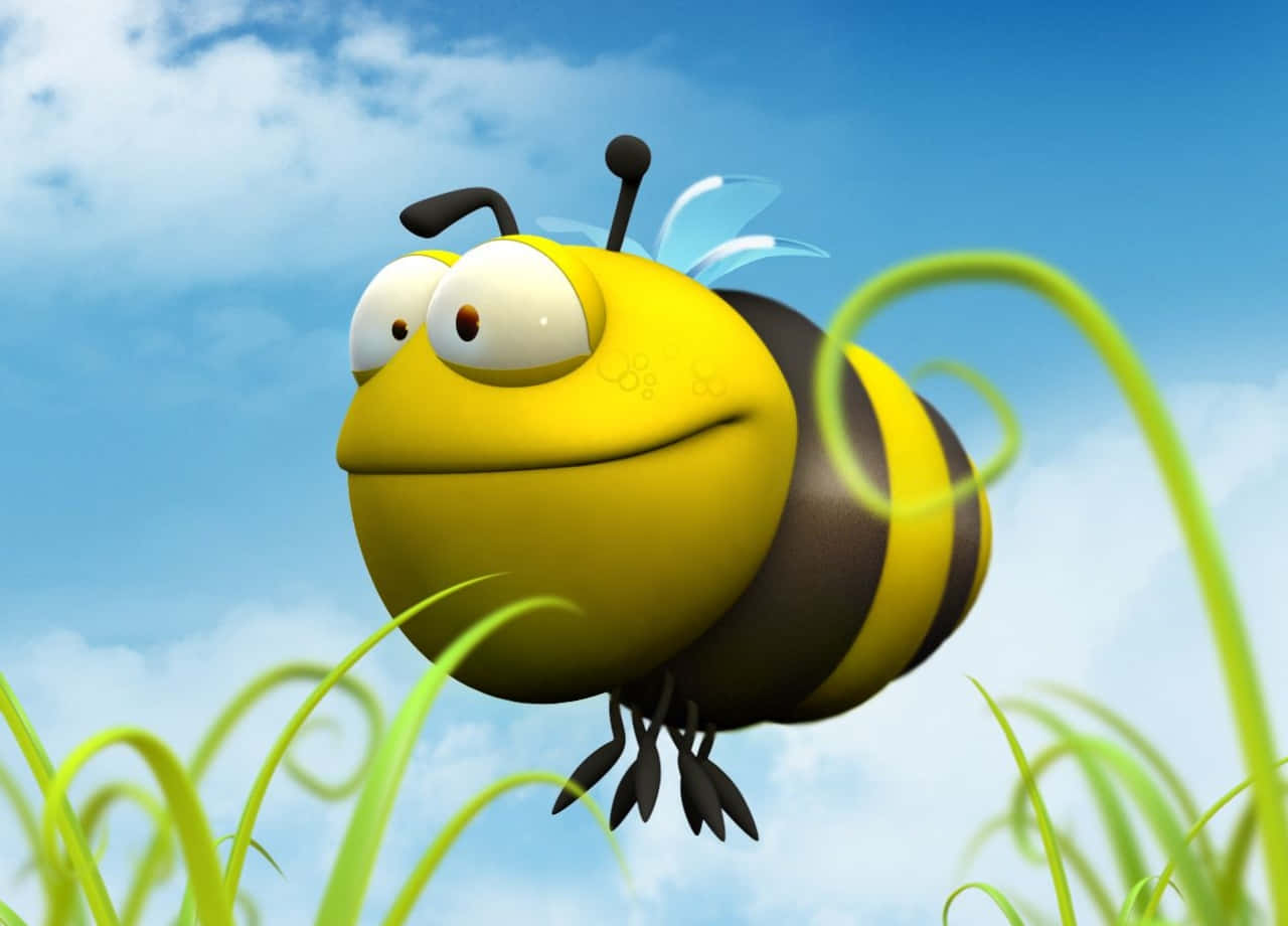 Bee 桌布 壁紙 — 一隻大眼睛的快樂卡通蜜蜂在藍天白雲下飛過綠草。