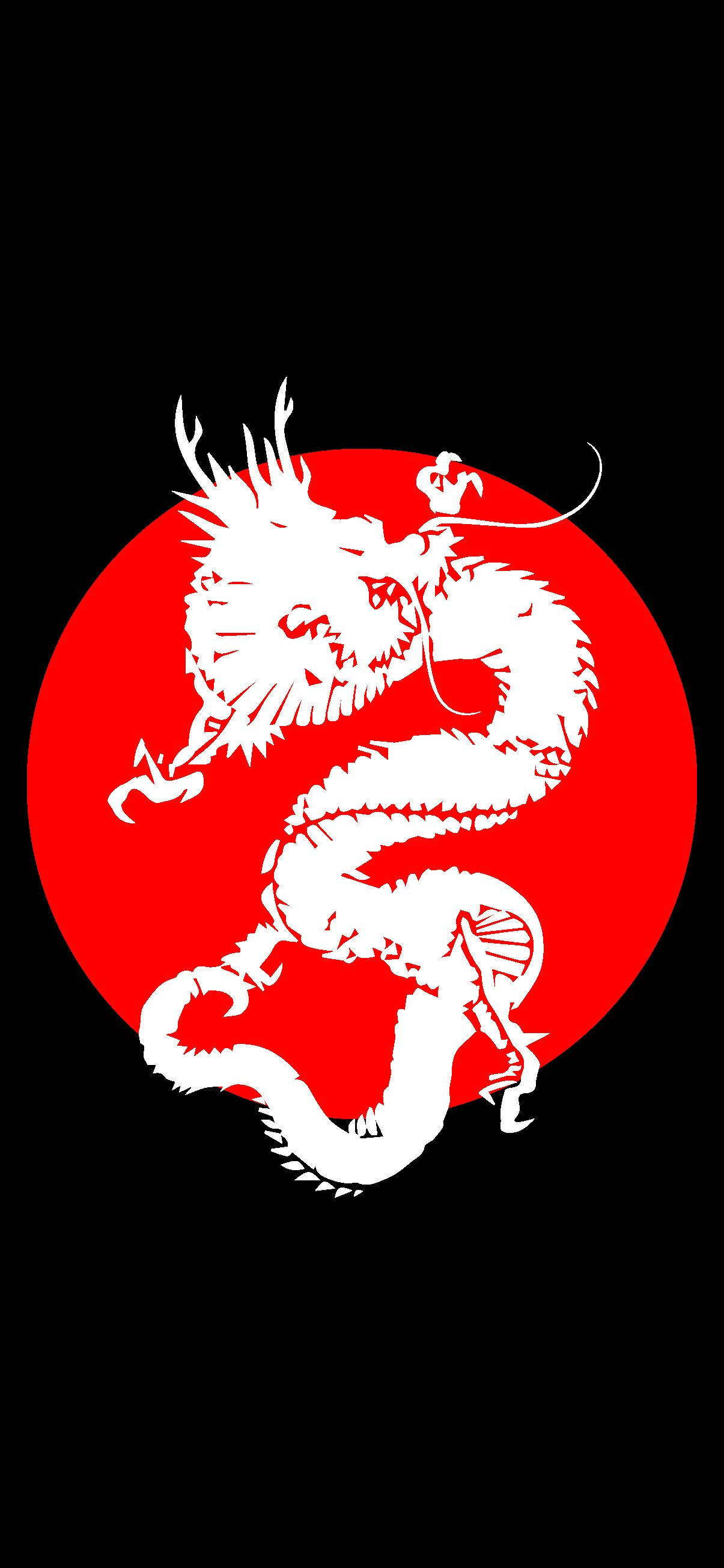 日式龍 桌布 壁紙 — 一隻大膽的白色風格化龍在鮮紅色圓形背景上動態盤繞，置於黑色背景上。