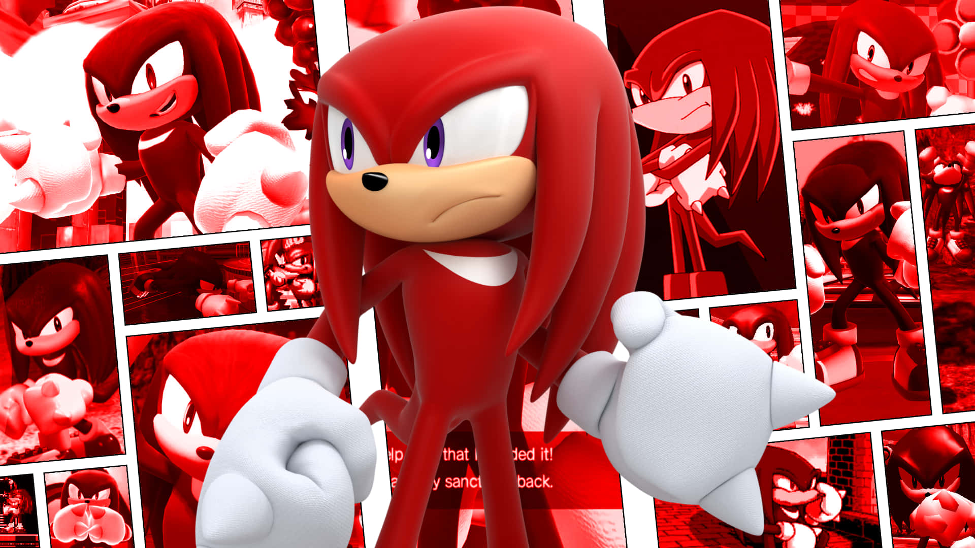 Sonic And Friends 桌布 壁紙 — 一隻大膽的紅色刺蝟，戴著白色手套和紫色眼睛，站在以高對比紅白色漫畫面板拼貼而成的背景中央。