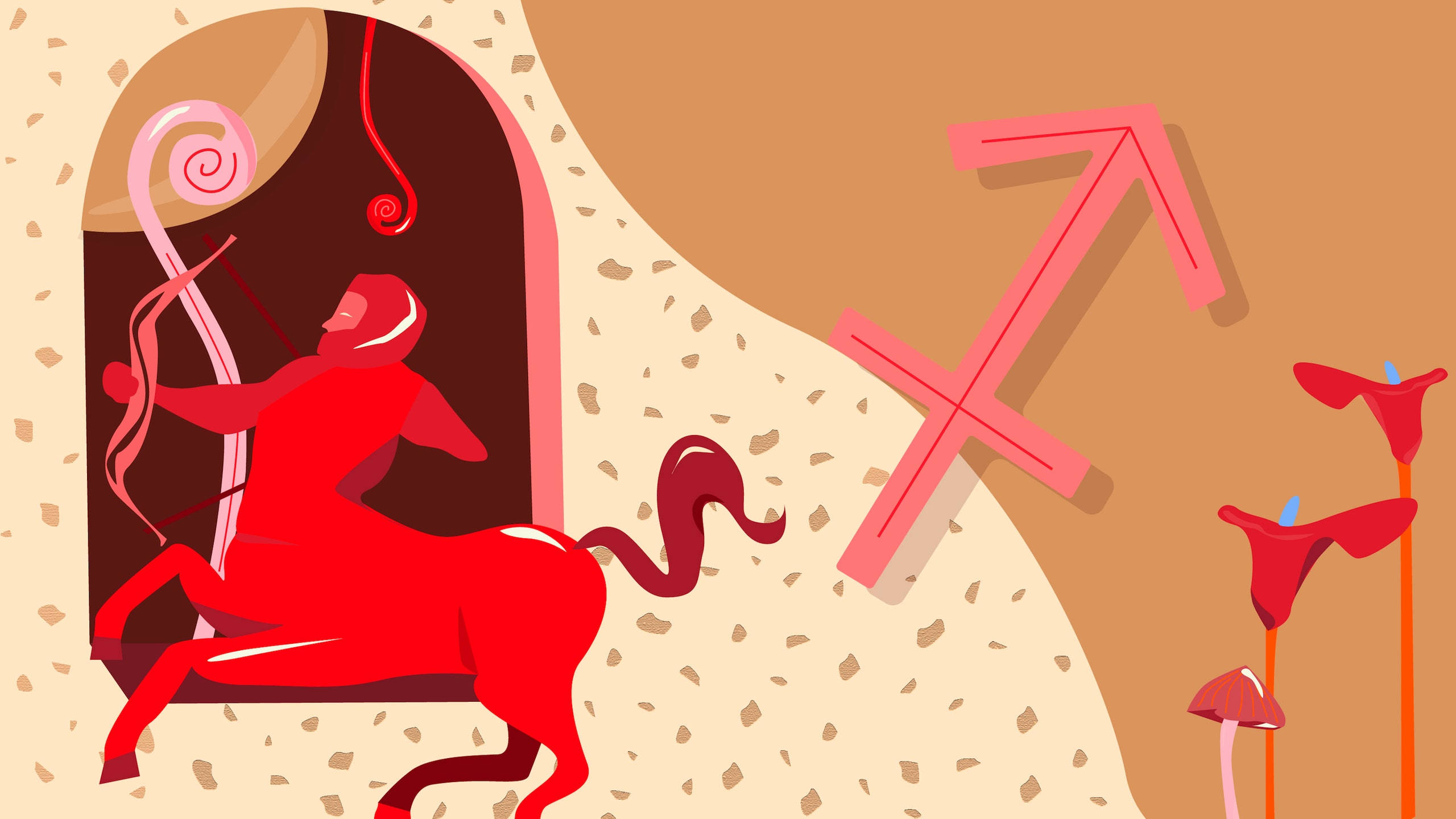 sagittarius 桌布 壁紙 — 一隻大膽的紅色半人馬弓箭手從石拱門中出現，旁邊有粉紅色的人馬座符號和風格化的植物。