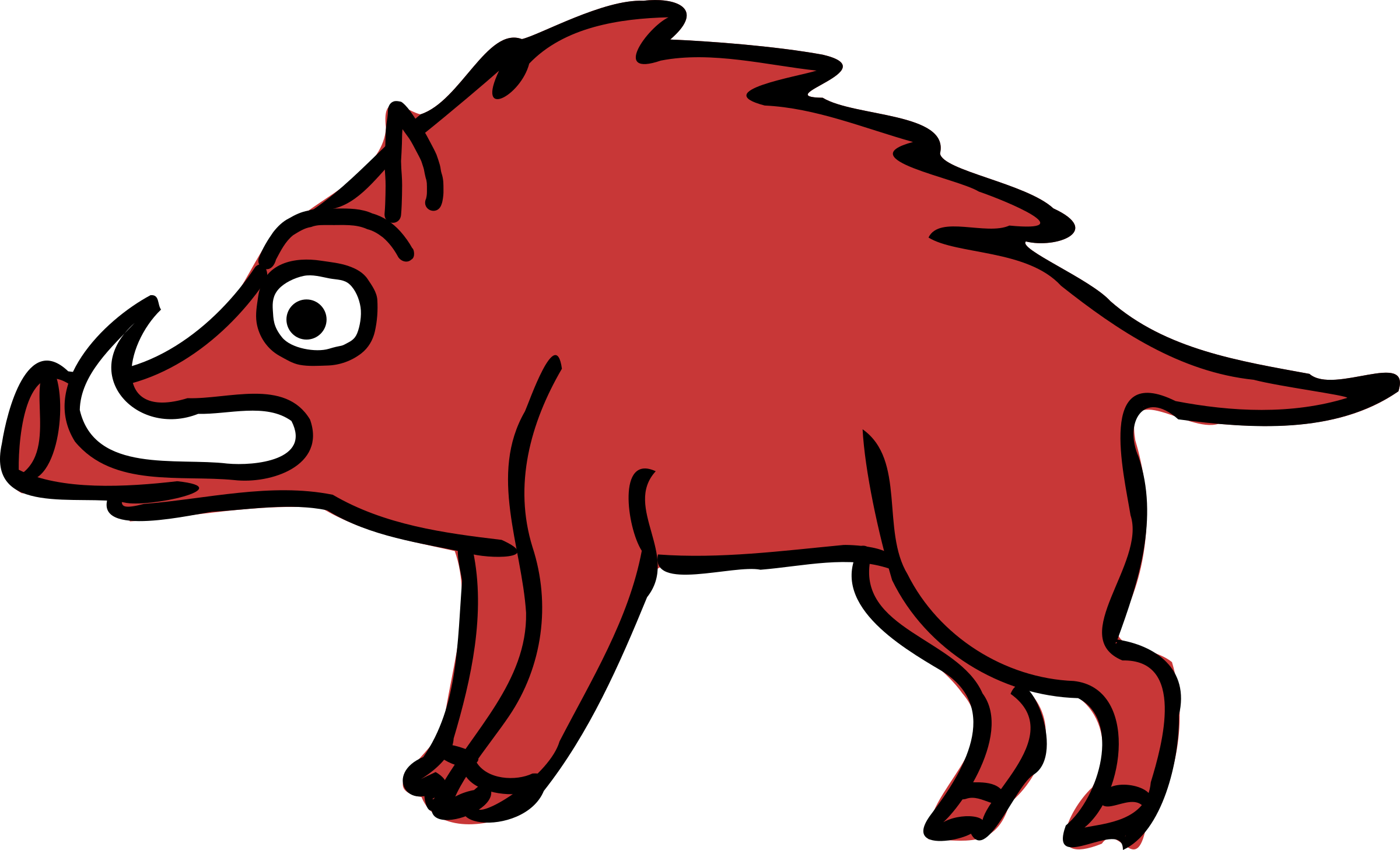 Pigs 桌布 壁紙 — 一隻大膽的紅色卡通野豬，白色獠牙，表情豐富的眼睛，站在純黑色背景前。