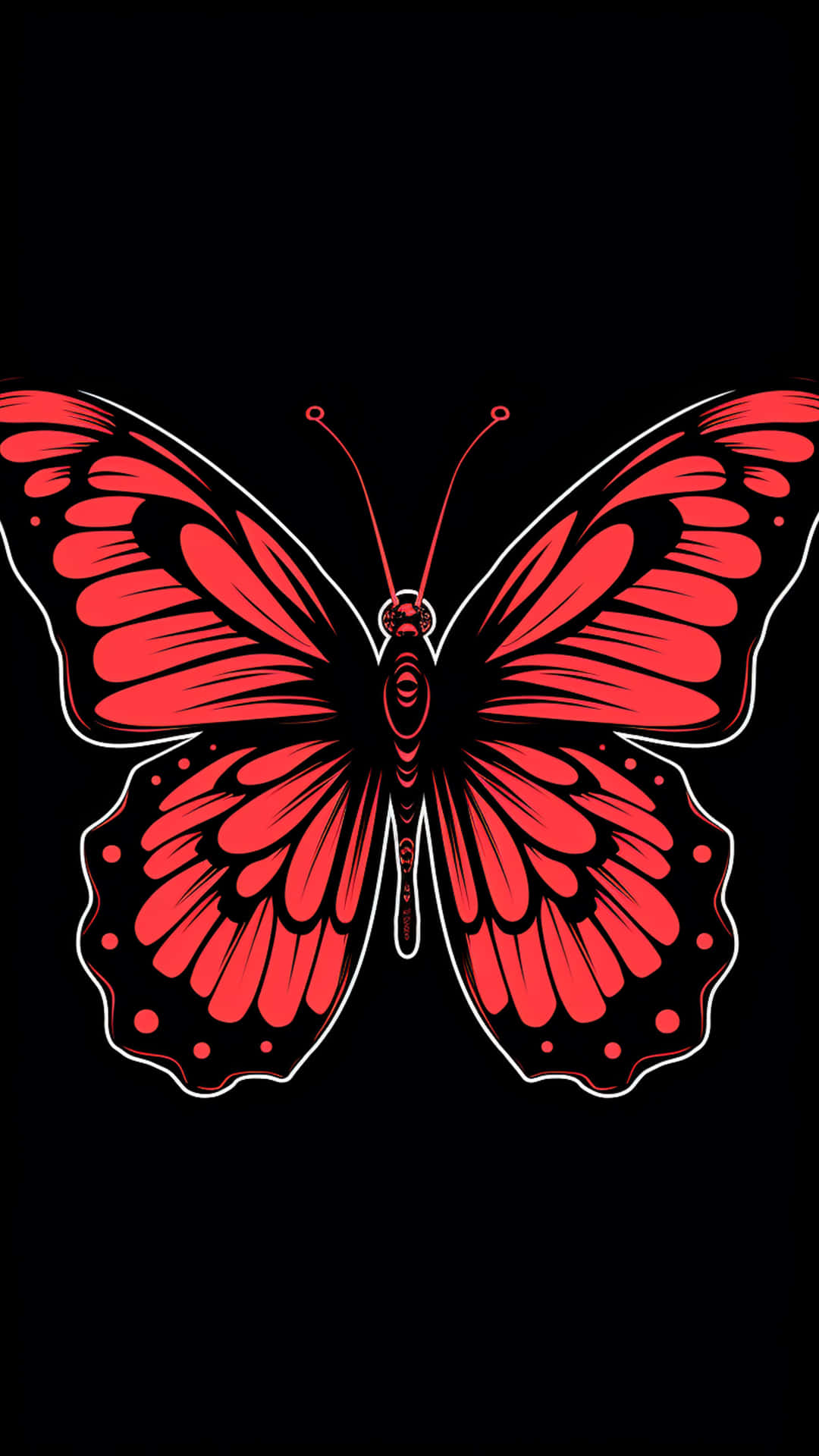 Colorful butterflies with neon splashes and abstract patterns on black background. Diugital art feat 壁紙 — 一隻大膽的紅色蝴蝶，帶有白色輪廓和黑色點綴，在純黑色背景上展開翅膀。