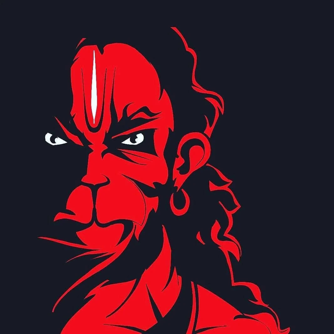 hanuman art 桌布 壁紙 — 一隻大膽的紅色風格化猴神，帶有兇猛的眼睛和白色標記，在深色背景下強烈凝視。
