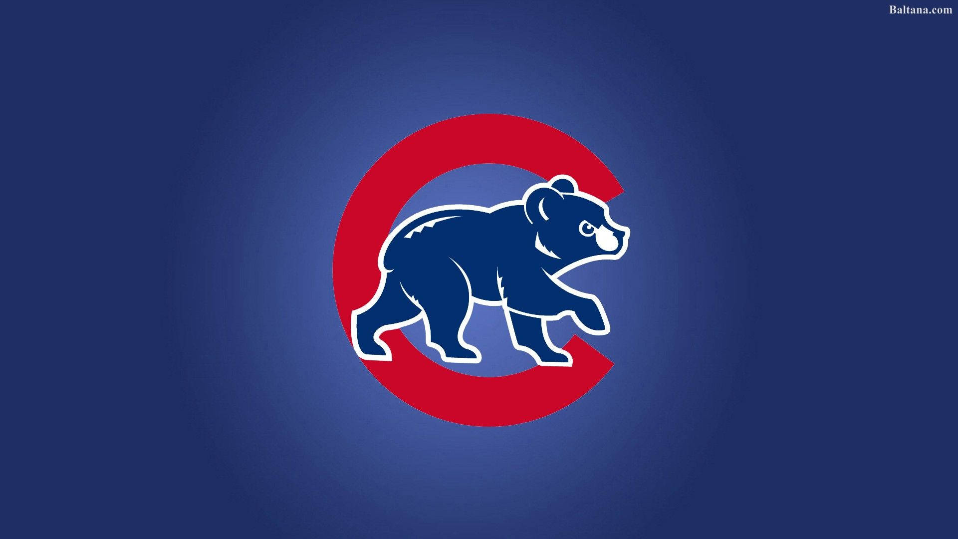 Cubs 桌布 壁紙 — 一隻大膽的藍色熊在紅色 'C' 標誌內行走，背景為漸變藍色。