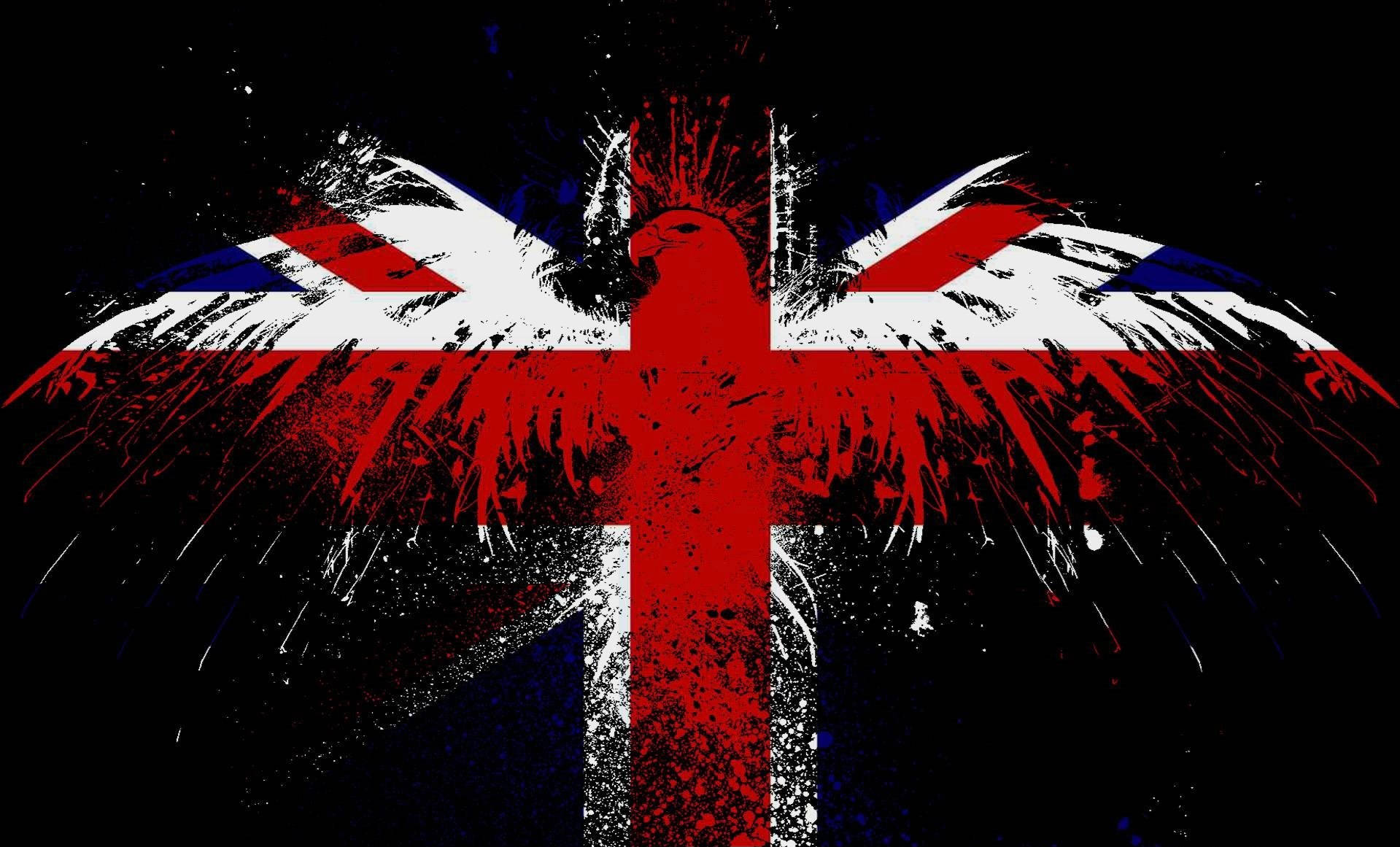 England Flag 桌布 壁紙 — 一隻大膽的鷹展開翅膀，在黑色背景上以粗糙紋理風格形成英國國旗。