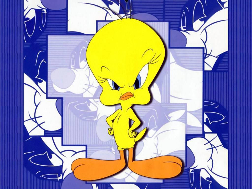 Tweety 桌布 壁紙 — 一隻大膽的黃色卡通鳥，橙色腳，自信地站在藍白抽象背景前。