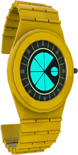 Timepiece 桌布 壁紙 — 一隻大膽的黃色數位手錶，帶有發光的青色錶盤和黑色點綴，在純白色背景上脫穎而出。