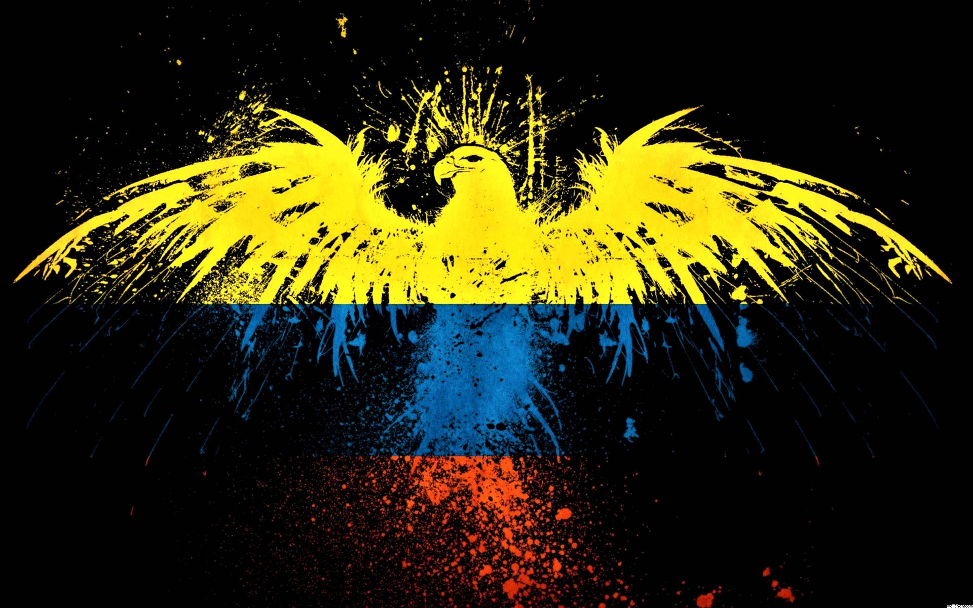 Colombia Flag 桌布 壁紙 — 一隻大膽的黃色老鷹展開翅膀，潑灑在黑色背景上的哥倫比亞國旗上。