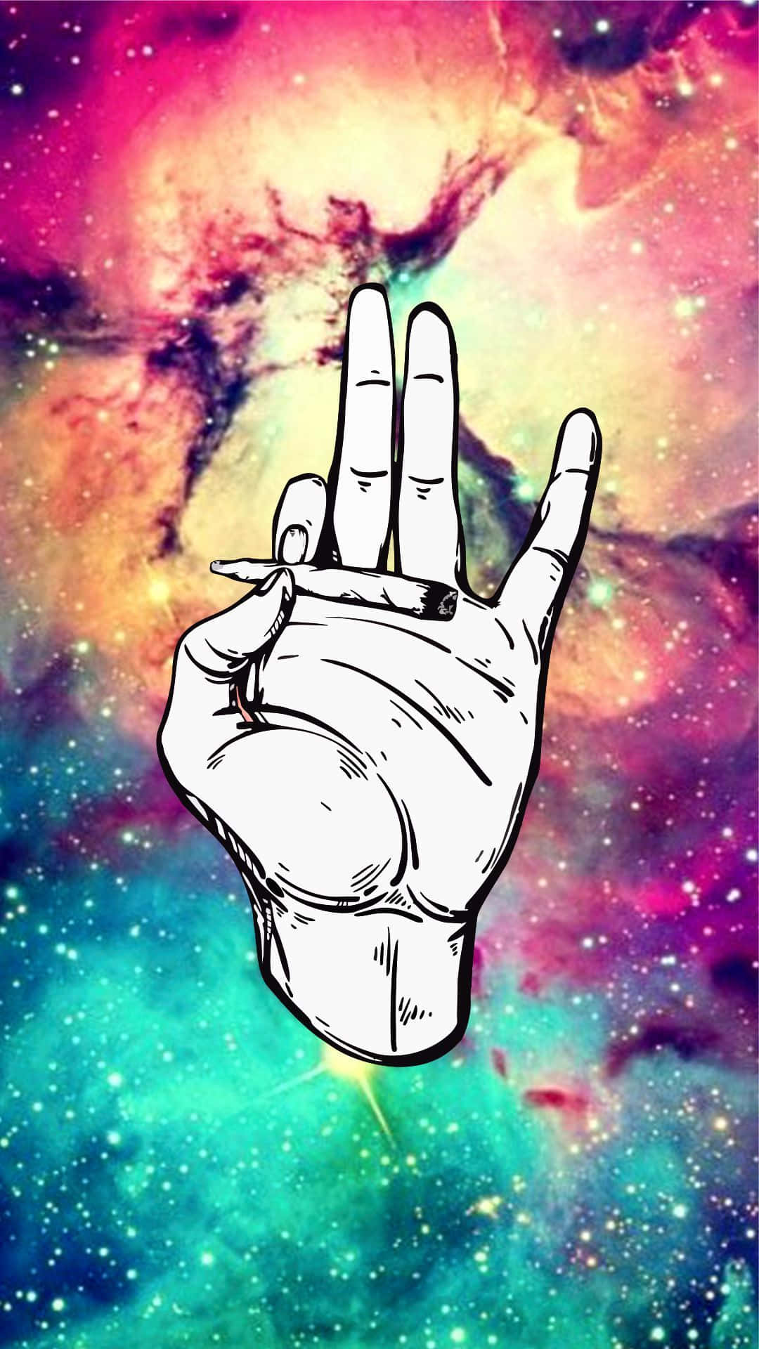 銀河 桌布 壁紙 — 一隻大膽的黑白手，在充滿活力的宇宙星雲背景下拿著一支香煙。