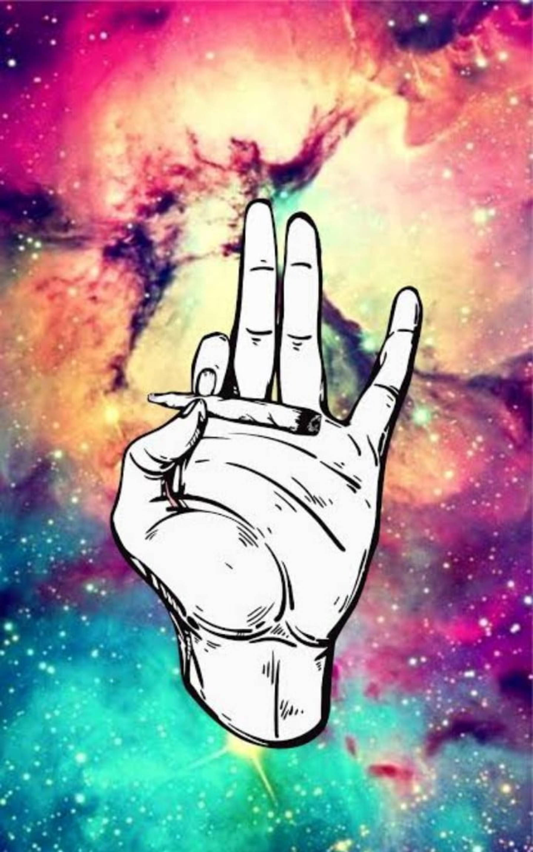 吸大麻 桌布 壁紙 — 一隻大膽的黑白手，在充滿活力的宇宙星雲前拿著一支香煙，星雲帶有旋轉的粉紅色、藍綠色和橙色色調。
