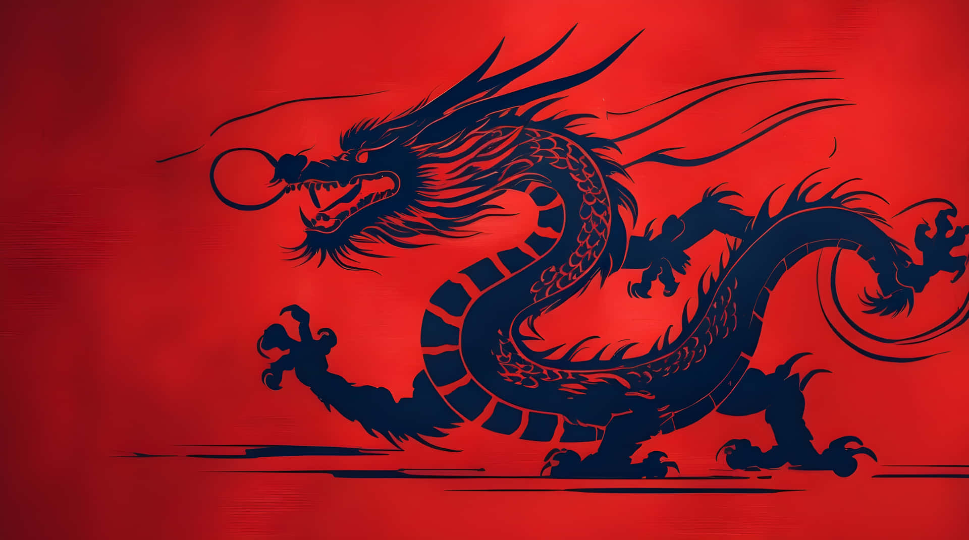 Beautiful chinese dragon art wallpapers 壁紙 — 一隻大膽的黑色風格化龍，擁有流動的鬃毛和爪子，在紋理深紅色背景上動態地邁步。