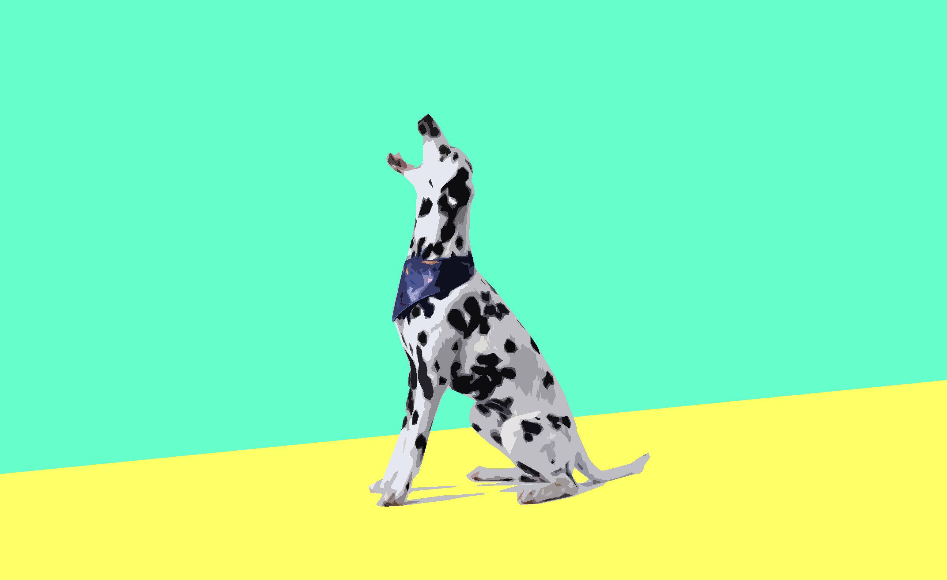 Dog Art 桌布 壁紙 — 一隻大麥町犬警覺地坐在黃色地板上，背景是藍綠色牆壁，戴著藍色頭巾，向上看。