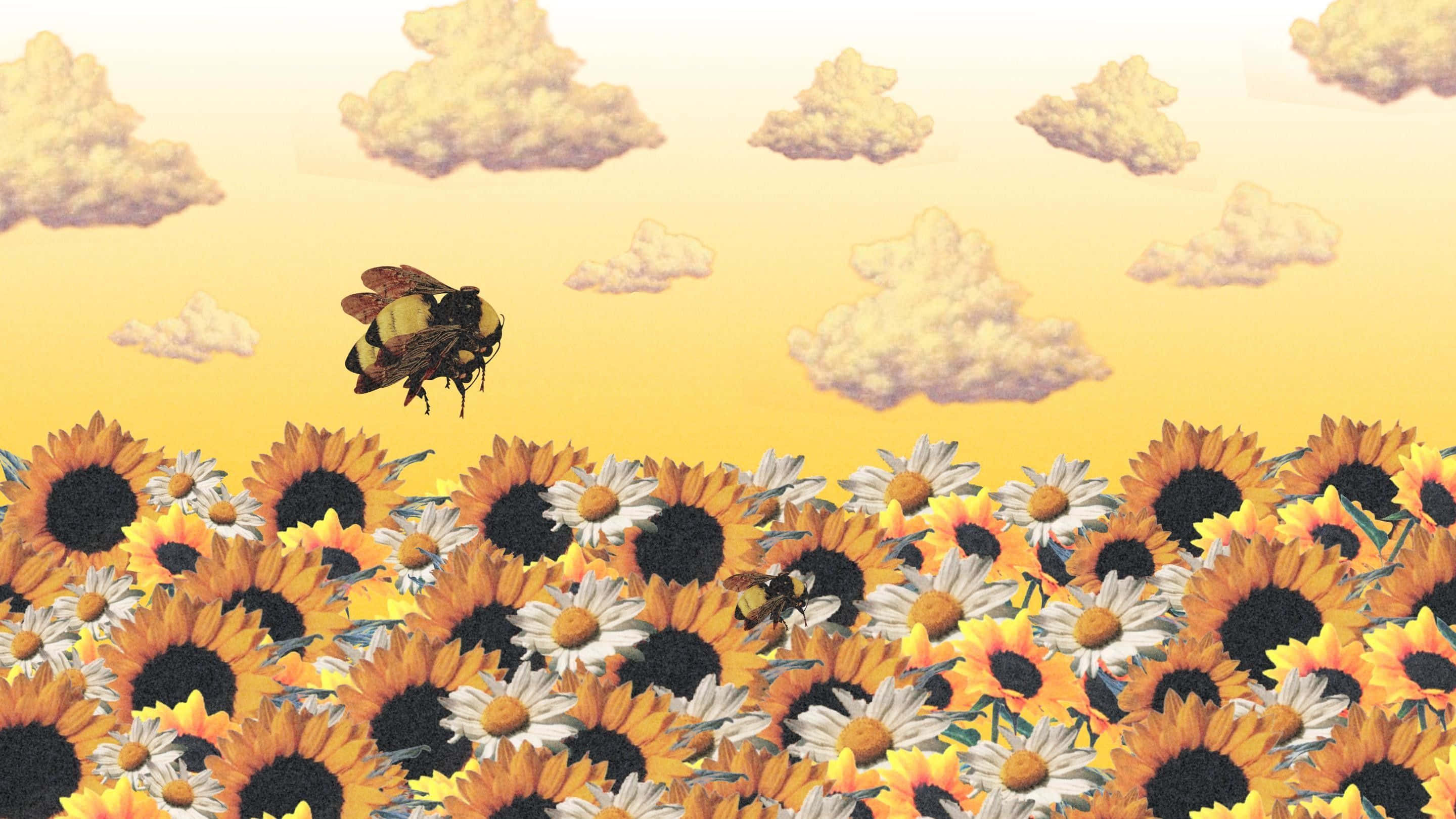 Aesthetic Bee 桌布 壁紙 — 一隻大黃蜂在金色天空和蓬鬆雲朵下，飛過一片充滿向日葵和雛菊的鮮豔田野。