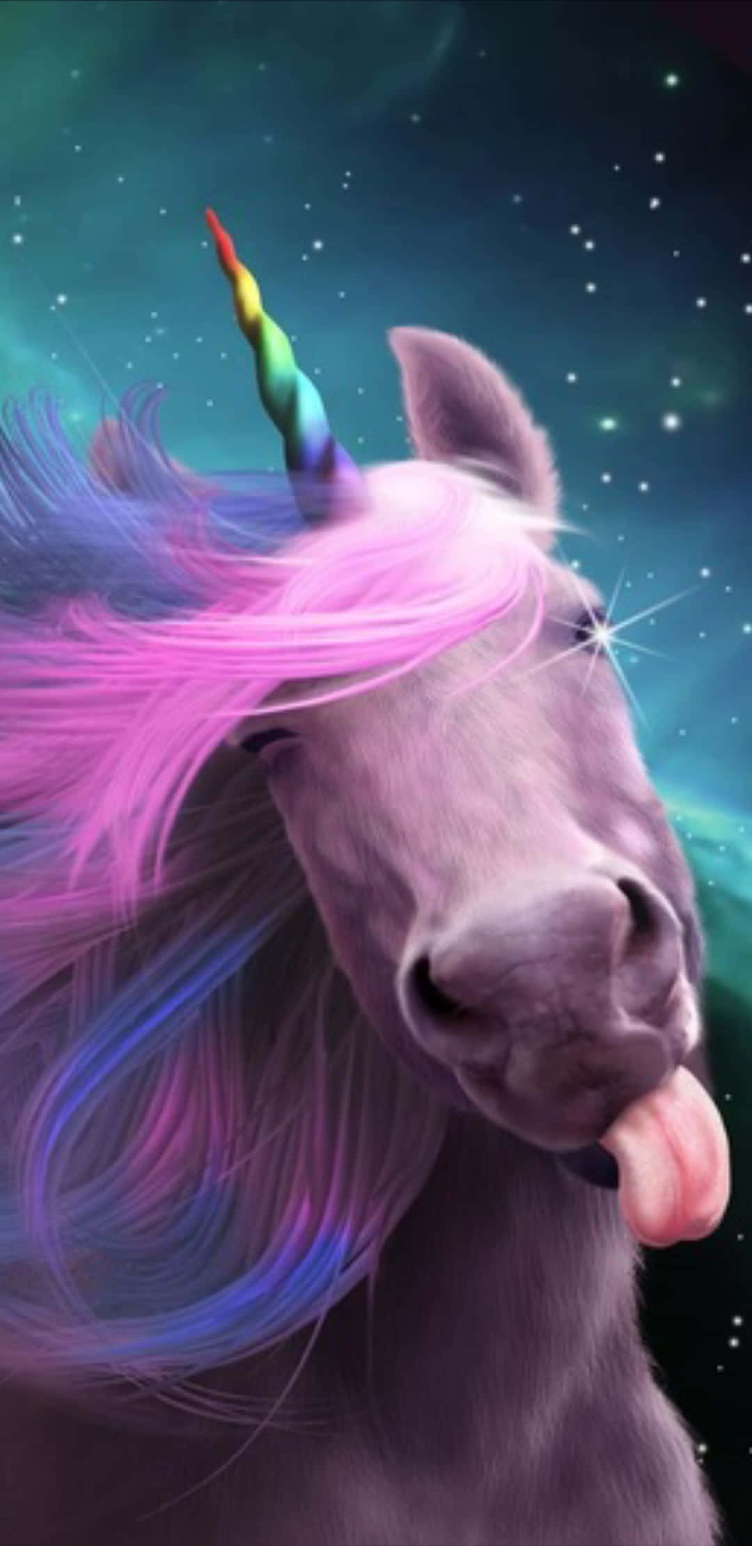 Cute Unicorn 桌布 壁紙 — 一隻奇幻的紫色獨角獸，有彩虹角和粉紅色鬃毛，在閃爍的宇宙背景下伸出舌頭。