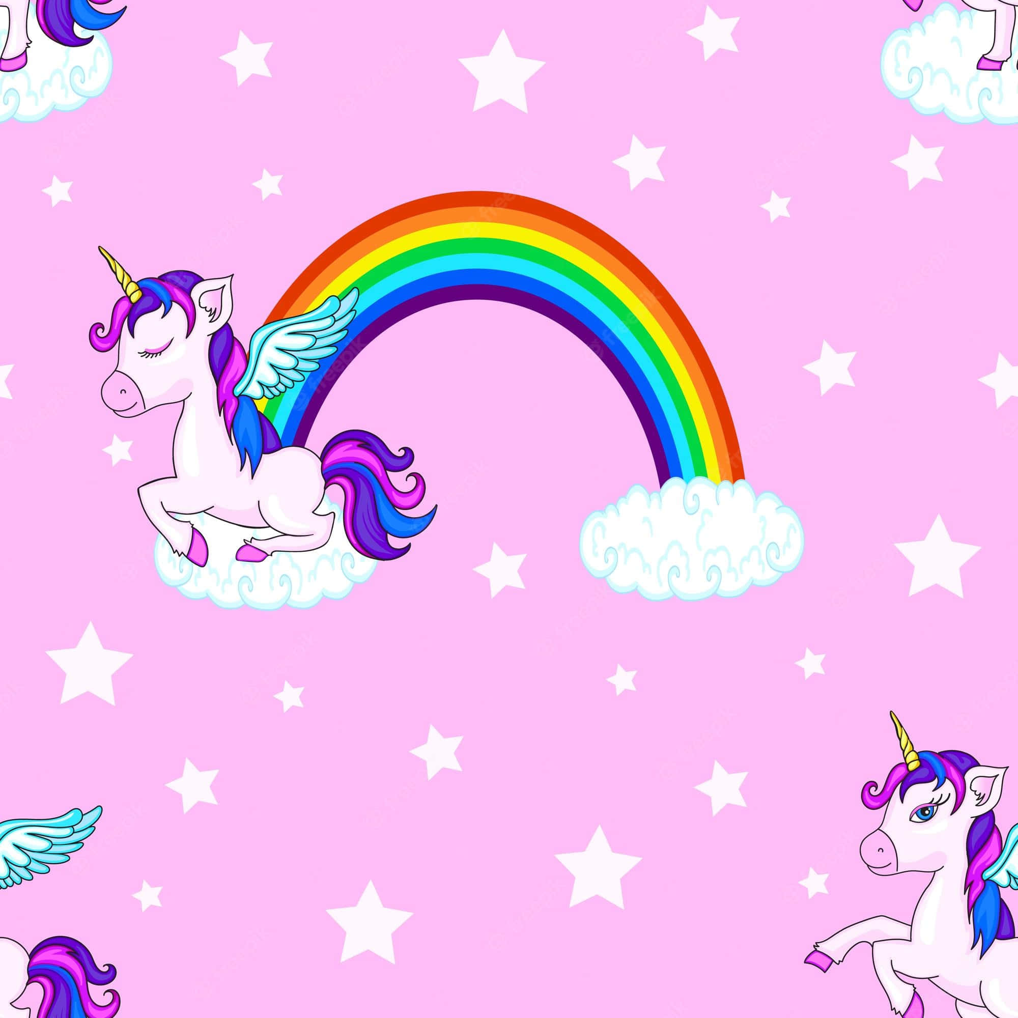 Magical Unicorn 桌布 壁紙 — 一隻奇思妙想的卡通有翼獨角獸，帶有彩虹鬃毛，在粉紅色星空下漂浮在雲朵上，下方是鮮豔的彩虹。