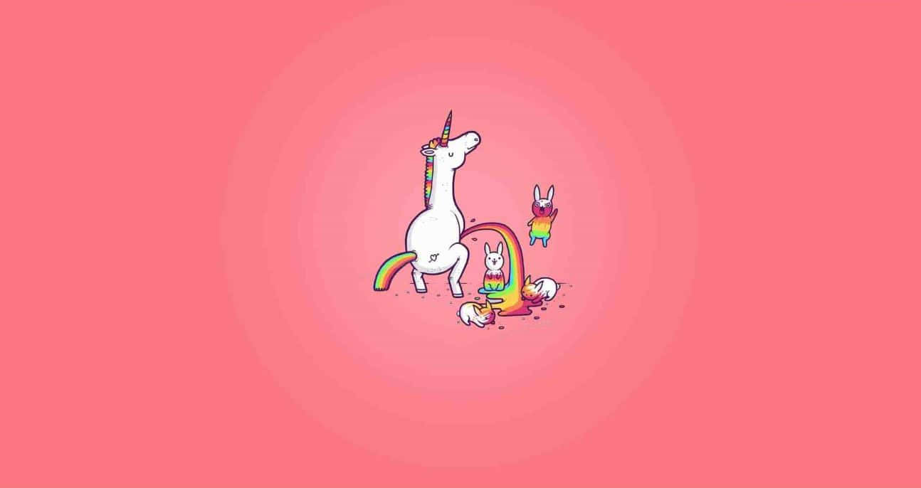 Cute Cartoon 桌布 壁紙 — 一隻奇思妙想的卡通獨角獸，擁有彩虹鬃毛和尾巴，站在粉紅色漸變背景上，周圍有漂浮的兔子角色。