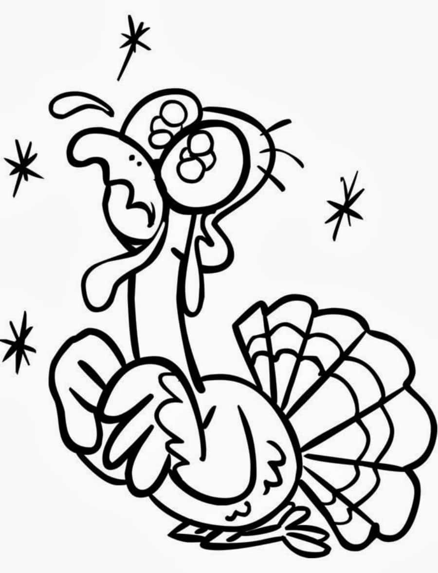 Thanksgiving Coloring 桌布 壁紙 — 一隻奇特的卡通火雞，頭部周圍有蝴蝶結和星爆，黑白線條畫。