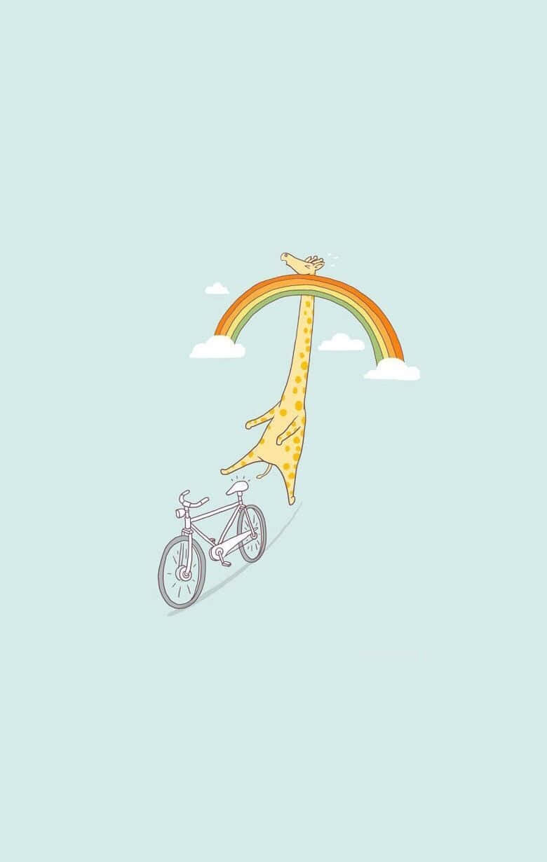 Cute Funny 桌布 壁紙 — 一隻奇特的長頸鹿騎著腳踏車，其身體形成一道彩虹，拱起在 fluffy 雲朵之上，背景是柔和的薄荷色。