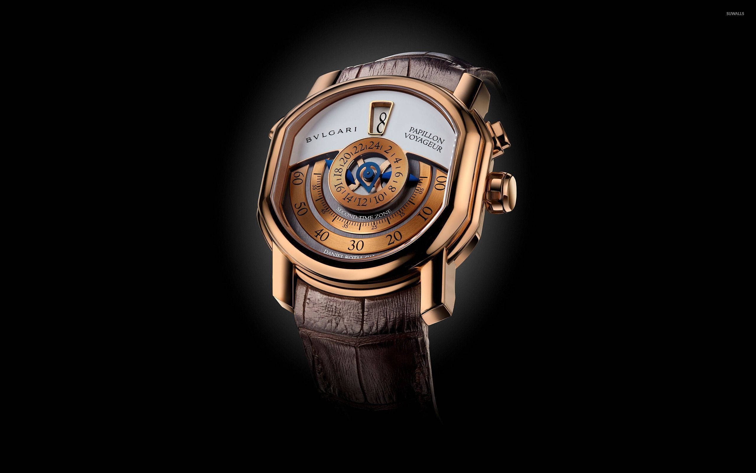Bvlgari 桌布 壁紙 — 一隻奢華的玫瑰金Bulgari手錶搭配棕色皮革錶帶，在純黑背景上閃耀光芒。