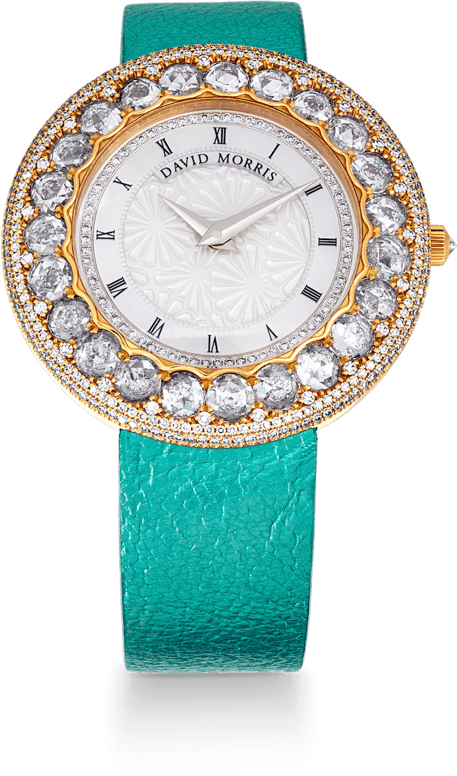 Timepiece 桌布 壁紙 — 一隻奢華的金色手錶，搭配綠松石皮革錶帶和鑲鑽錶圈，置於黑色背景前。