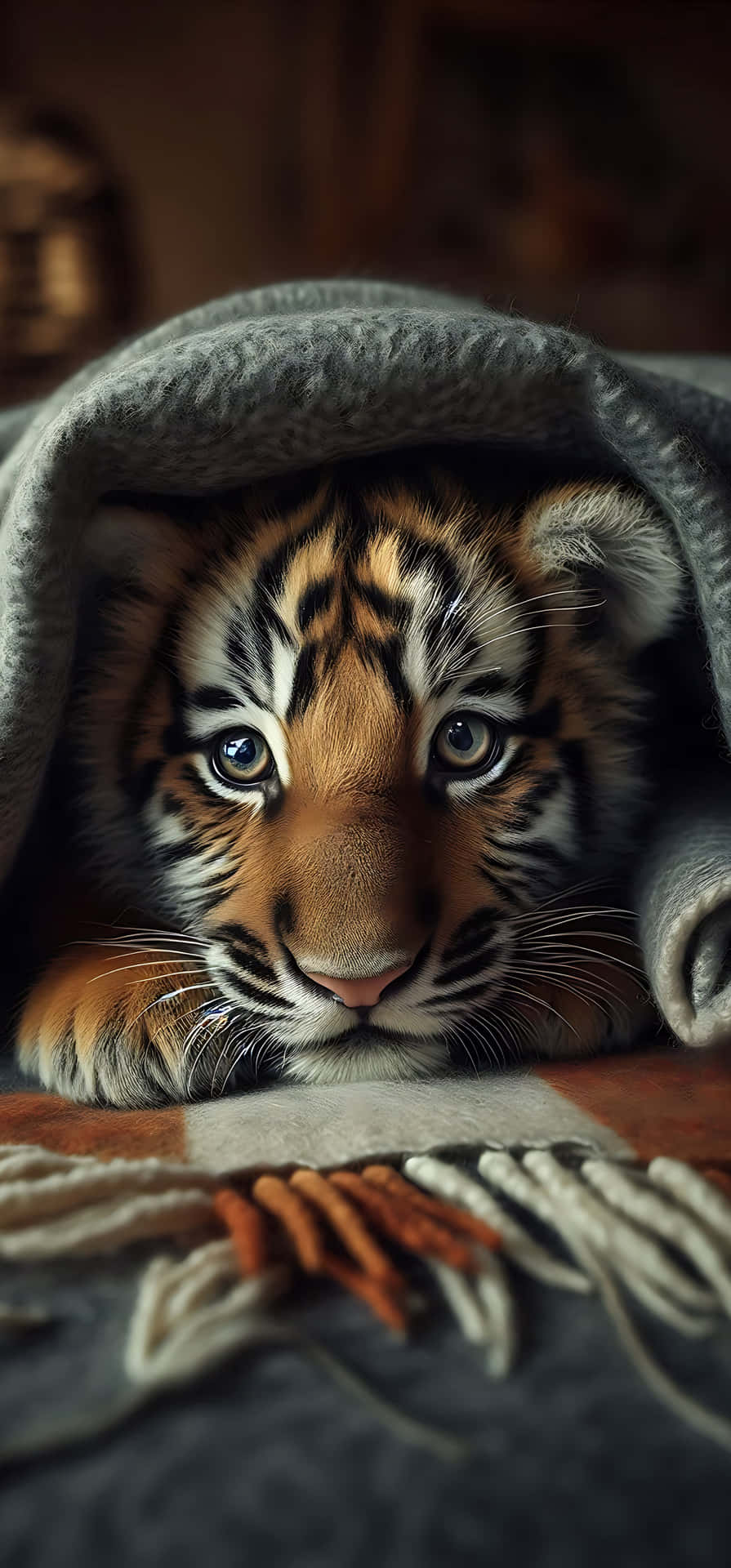 Tiger Cub under blanket 壁紙 — 一隻好奇的小老虎從一條有流蘇邊的柔軟灰色毯子下面探出頭來。