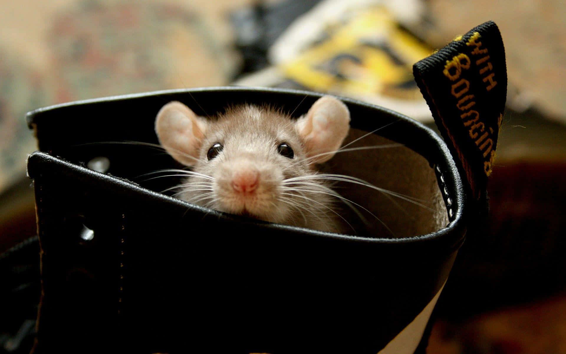 動物 桌布 壁紙 — 一隻好奇的棕色老鼠從一雙黑色靴子裡探出頭來，靴舌上有黃色標誌。