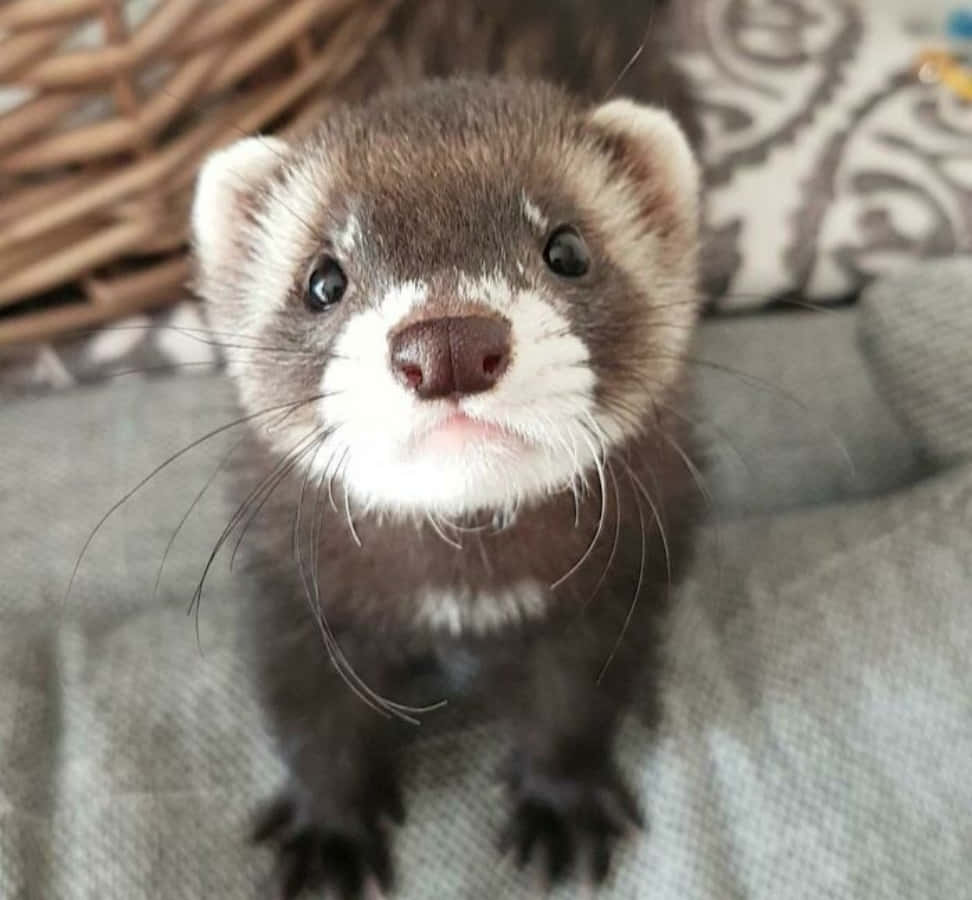 Cute Ferret 桌布 壁紙 — 一隻好奇的雪貂特寫，有深色眼睛和白色鼻口，直視鏡頭。