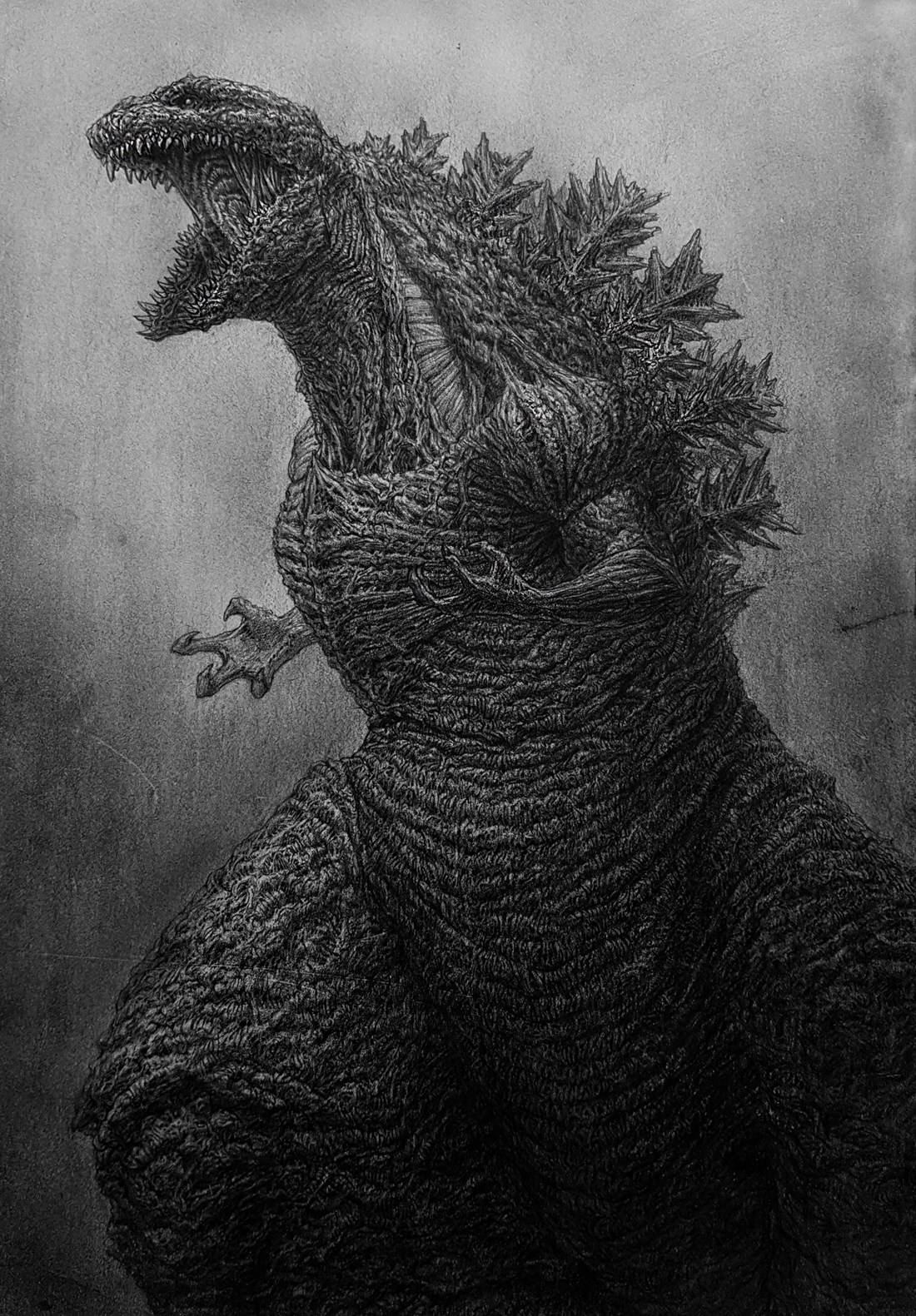 一幅詳細的木炭畫，描繪哥吉拉咆哮，背部有尖刺和紋理皮膚。 — 哥吉拉 GIF 壁紙