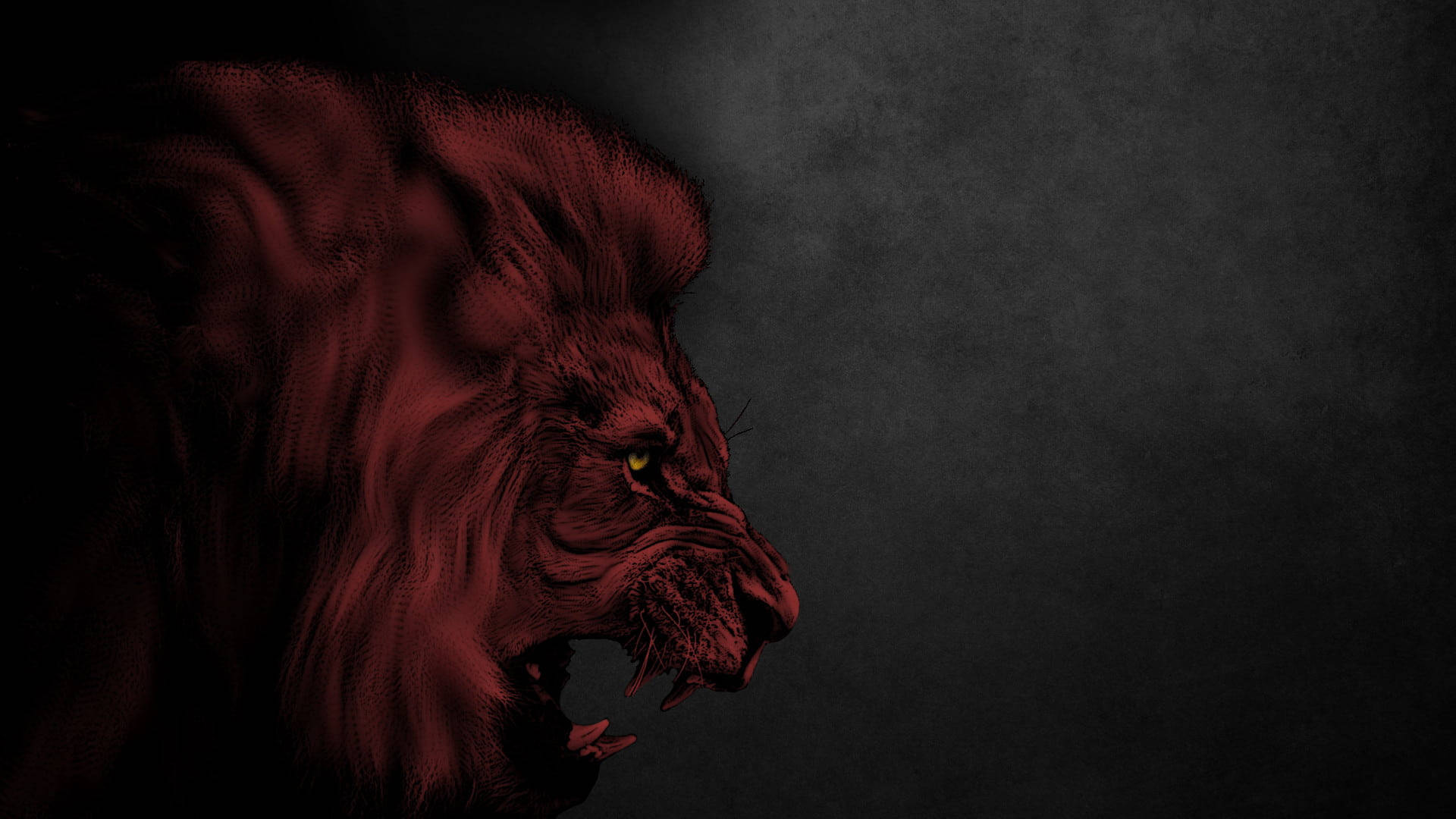 lion roar 桌布 壁紙 — 一隻威嚇的紅色獅子在側面咆哮，背景是深色紋理，眼睛發出黃色光芒。