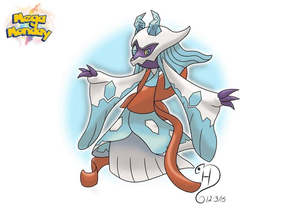 寶可夢 桌布 壁紙 — 一隻威嚴的Mega Aegislash，身穿水晶鎧甲，披著飄逸的藍色斗篷，在柔和的光環中蓄勢待發。