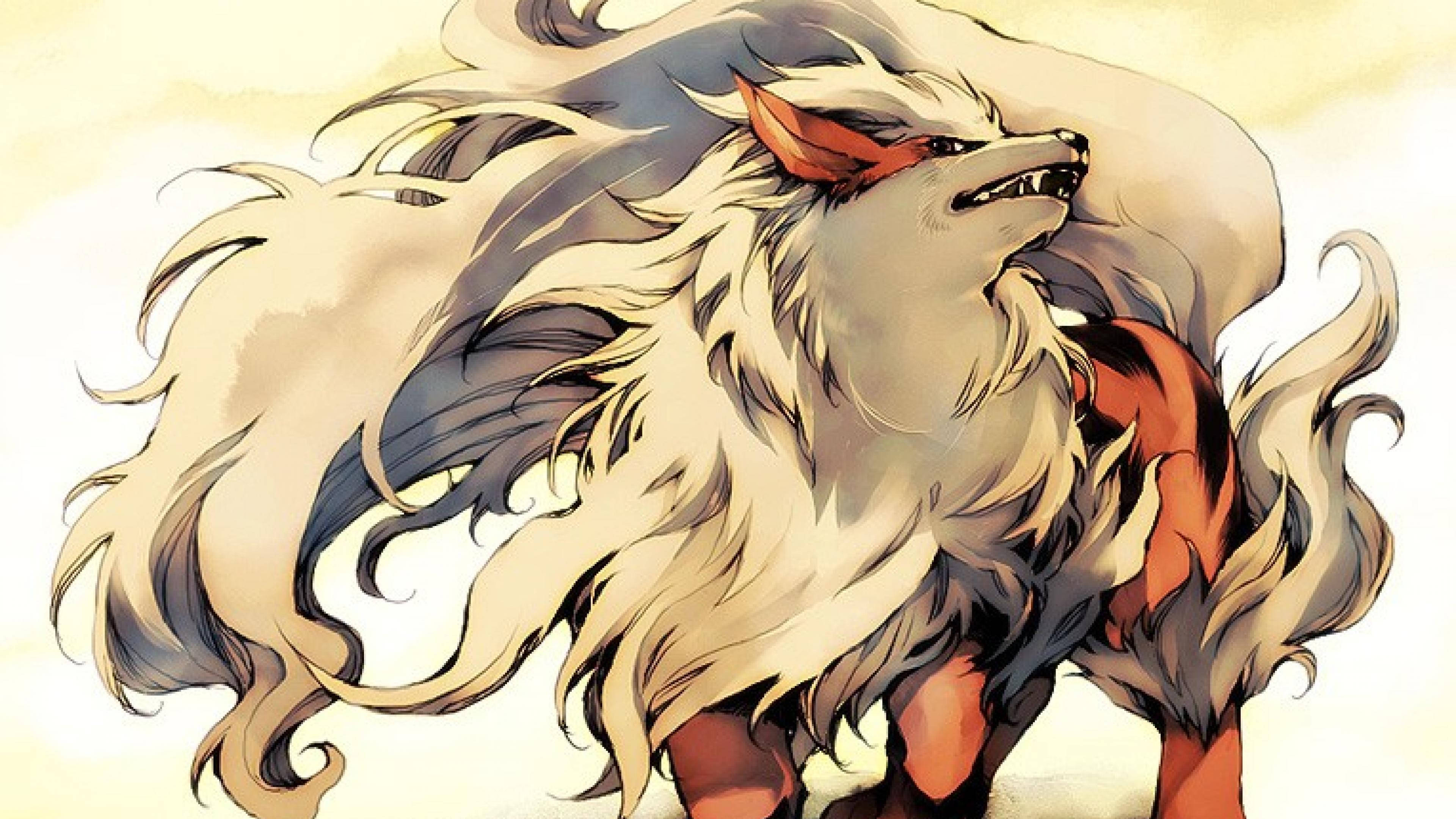 Arcanine 桌布 壁紙 — 一隻威嚴的九尾狐，擁有飄逸的白色和橙色毛髮，對著柔和的黃色背景咆哮。