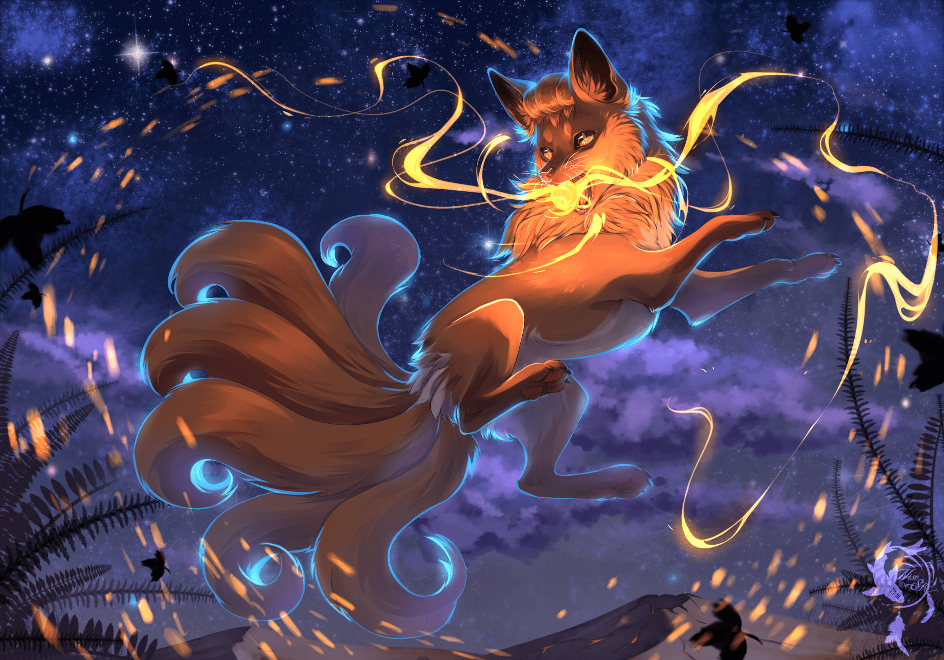 九尾狐 桌布 壁紙 — 一隻威嚴的九尾狐在繁星點點的夜空下，被蕨類植物和螢火蟲環繞，散發著金色的能量光芒。