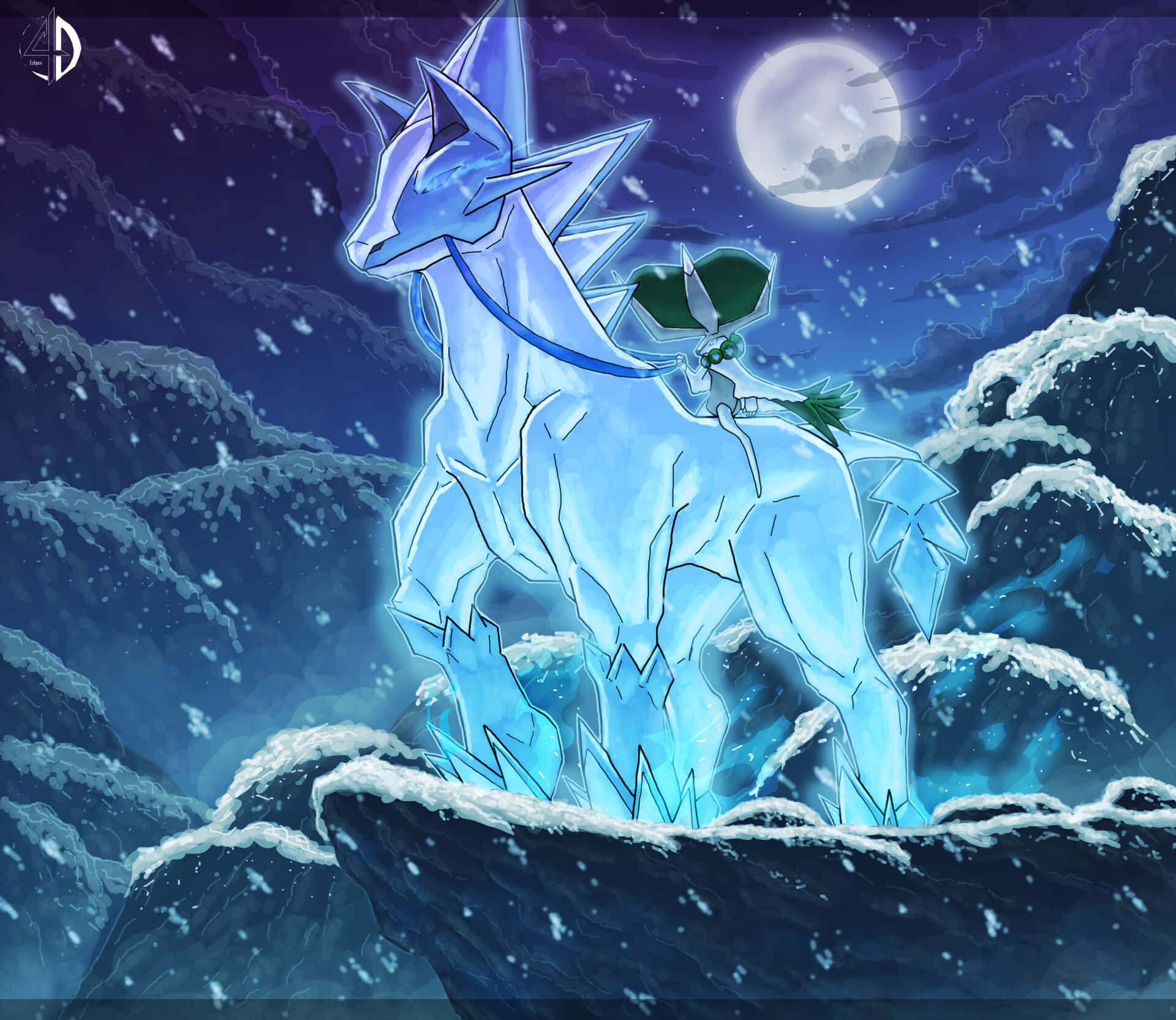 任天堂 桌布 壁紙 — 一隻威嚴的冰屬性寶可夢站在雪崖上，滿月照耀著寒冷的夜晚場景。