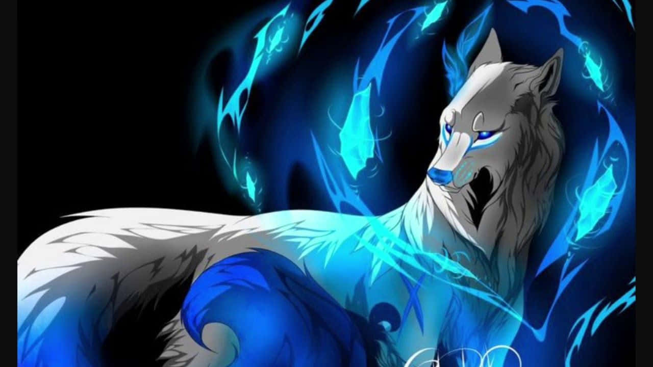 狼 桌布 壁紙 — 一隻威嚴的動漫狼，擁有發光的藍色眼睛和電藍色能量在黑暗背景中圍繞其形態旋轉。
