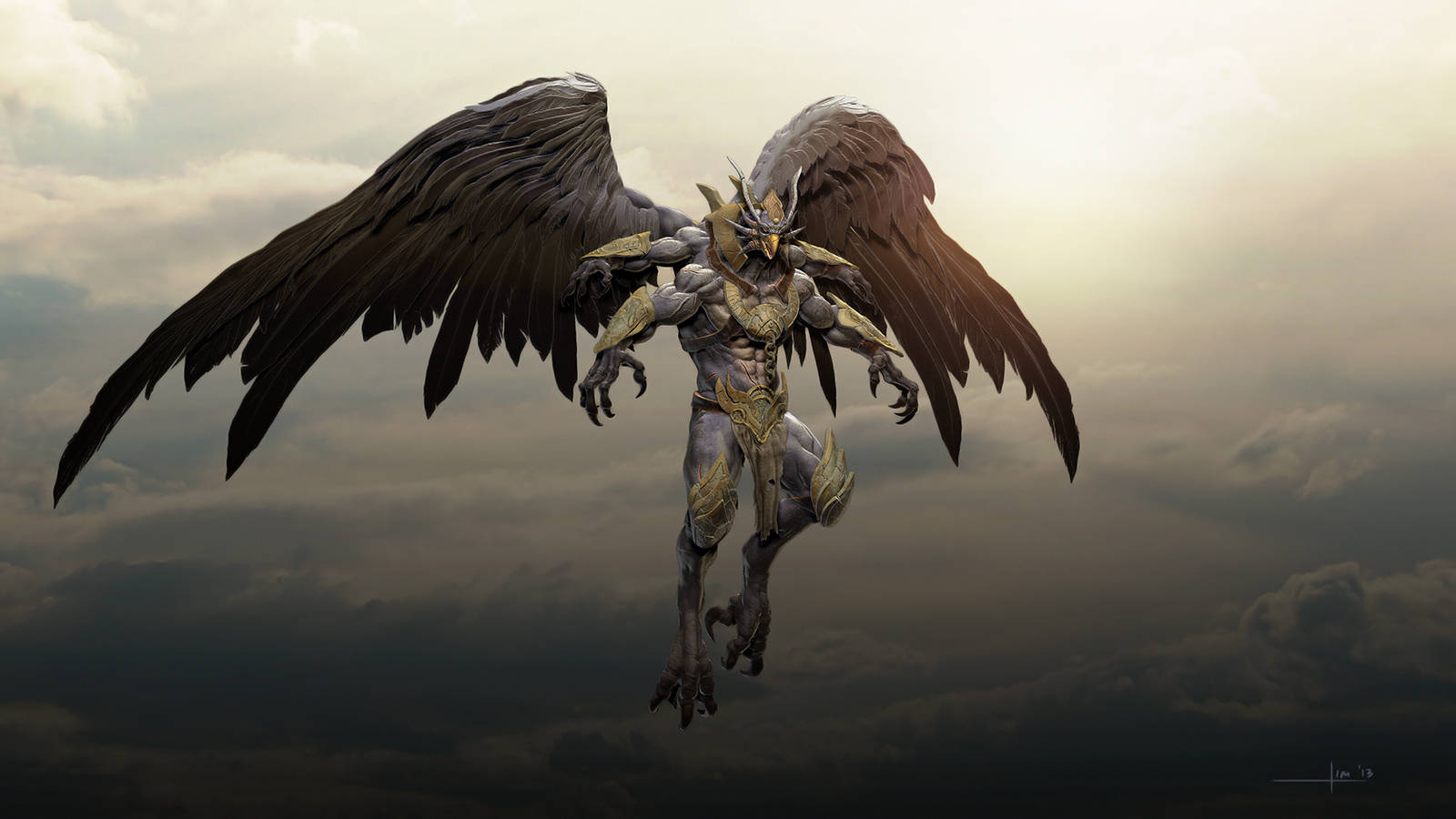 迦樓羅 桌布 壁紙 — 一隻威嚴的帶翼惡魔穿著金色盔甲，在烏雲密布、背後有發光太陽的暴風雨中翱翔。
