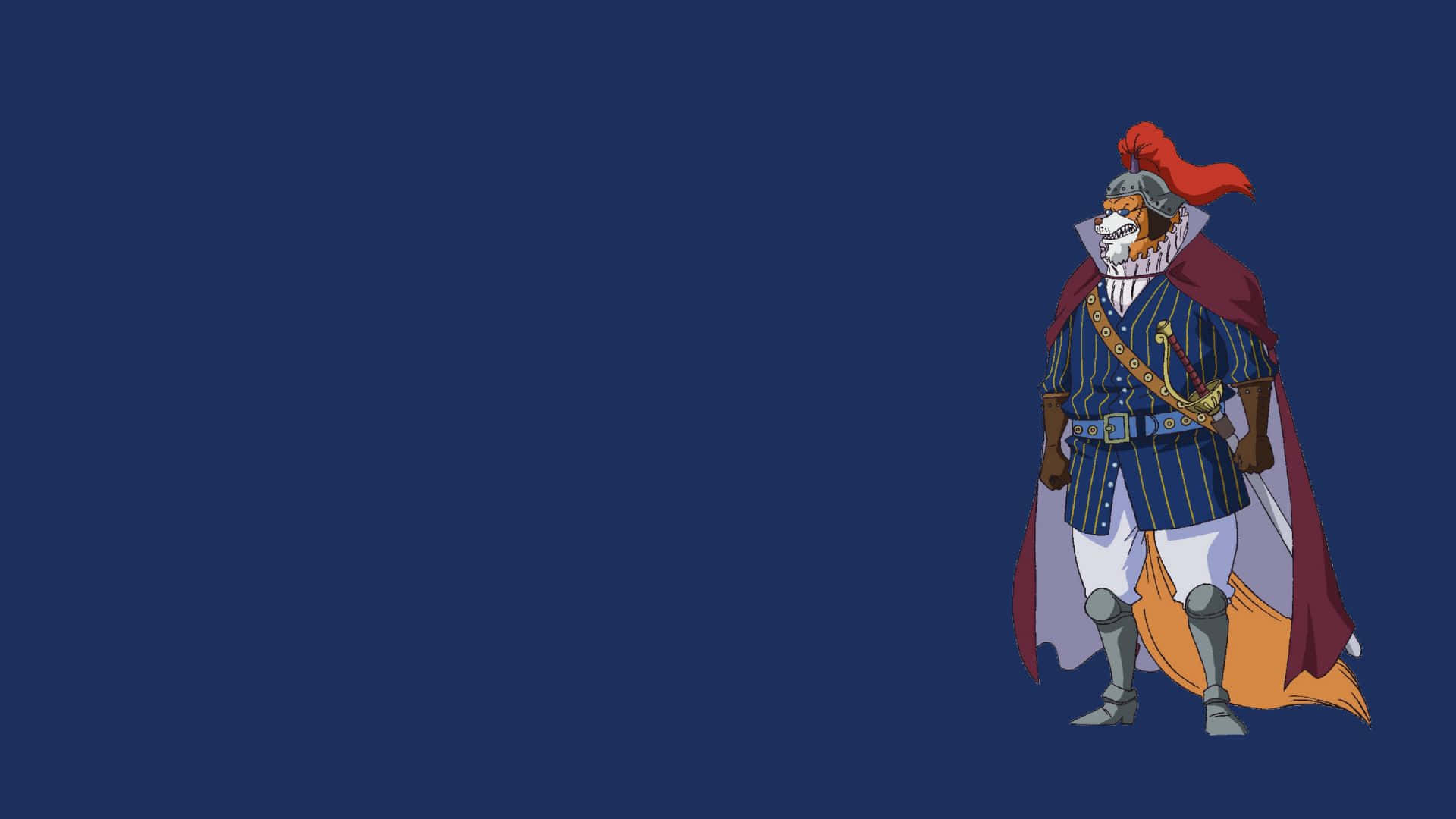 Inuarashi 桌布 壁紙 — 一隻威嚴的擬人化老虎，身穿華麗的藍色條紋盔甲和紅色斗篷，站在深海軍藍背景前。