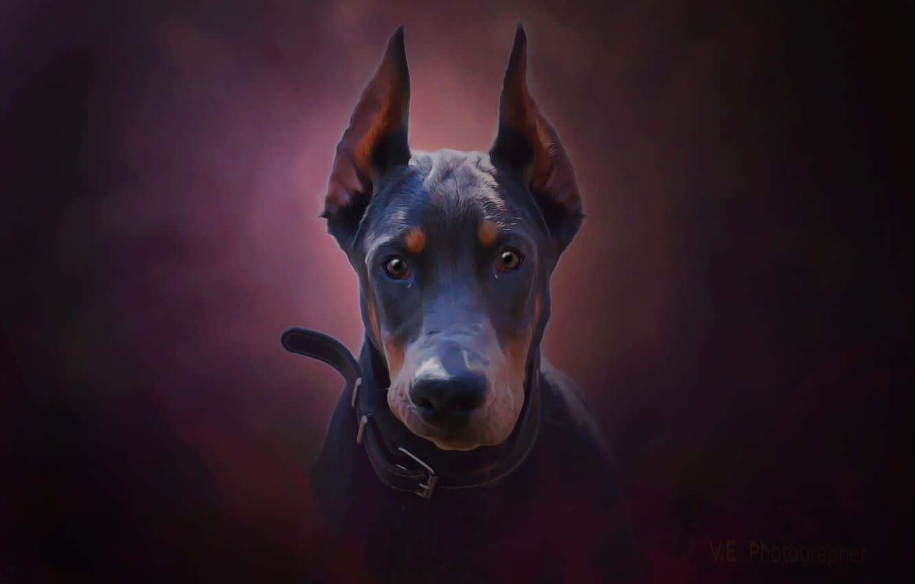 Dogs 桌布 壁紙 — 一隻威嚴的杜賓犬，眼神銳利，在煙霧瀰漫的紫色和紅色背景下向前凝視。