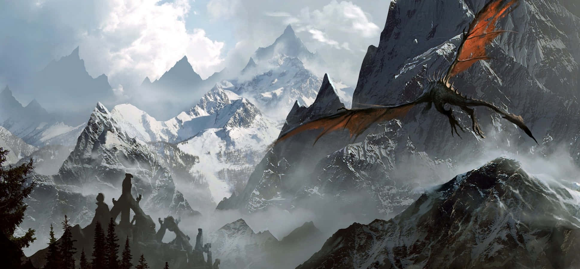 Skyrim Landscapes 桌布 壁紙 — 一隻威嚴的橙色巨龍翱翔於積雪的山峰之上，下方迷霧籠罩的山谷中藏有古老遺跡。