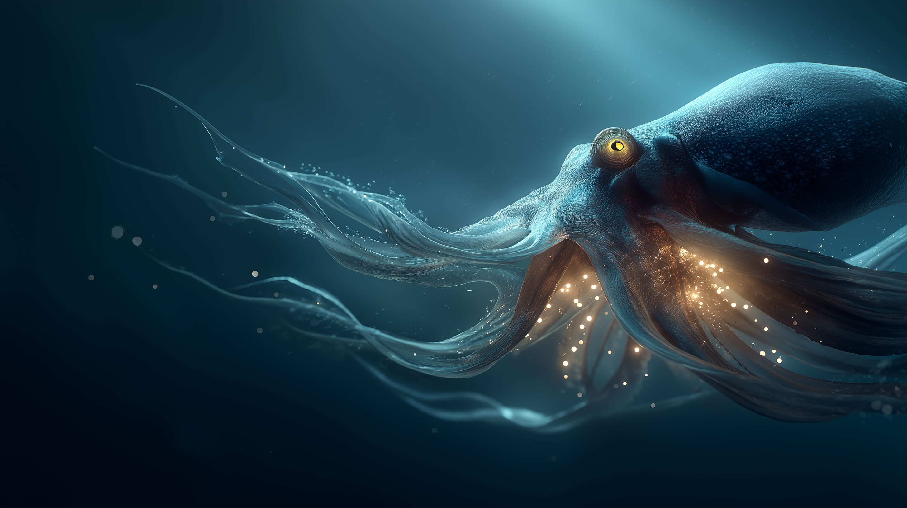 Giant Squid 桌布 壁紙 — 一隻威嚴的深海章魚在深藍色海水中滑行，發光的金色粒子在其觸手周圍旋轉。